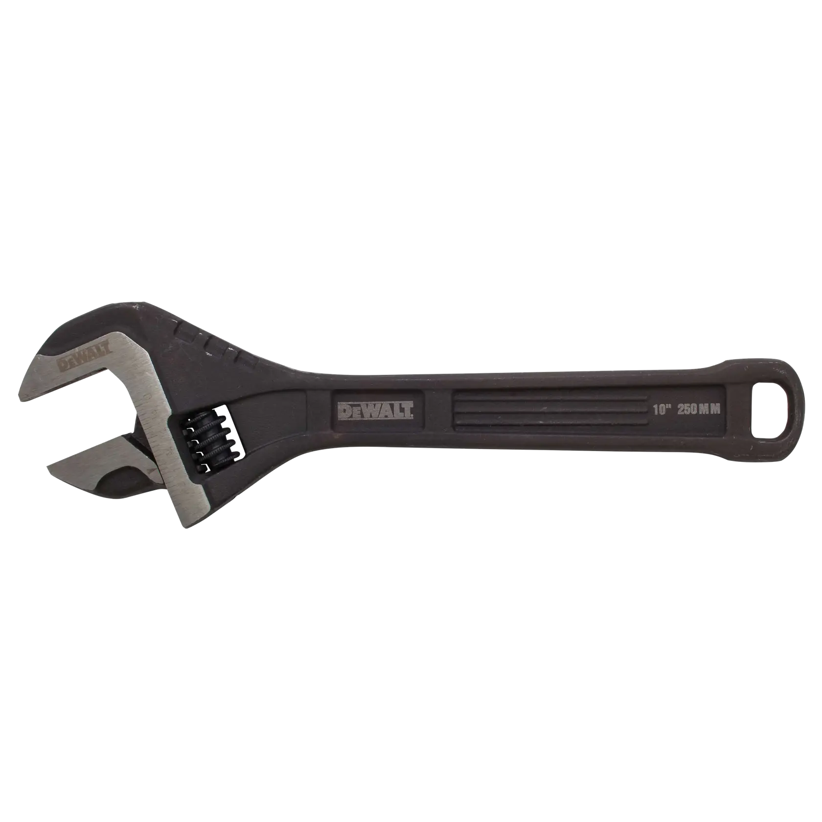A DEWALT 10-inch adjustable wrench with a black handle and metal jaw, designed for use with various sized fasteners.