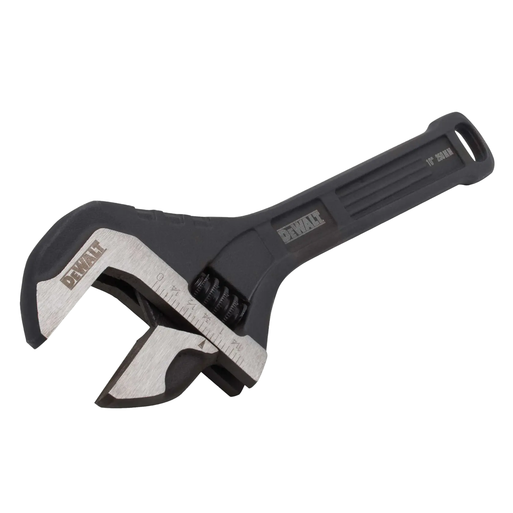 A DEWALT adjustable wrench with a black handle and silver jaws, featuring measurement markings and a thumbwheel for adjusting the jaw width.