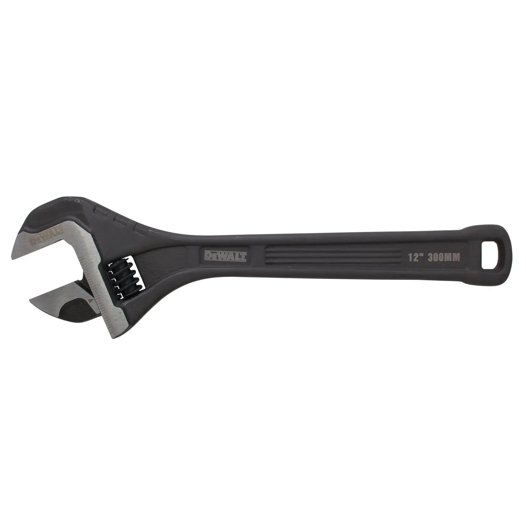 DEWALT adjustable wrench, black, 12 inch (300 mm) size, shown on white background.