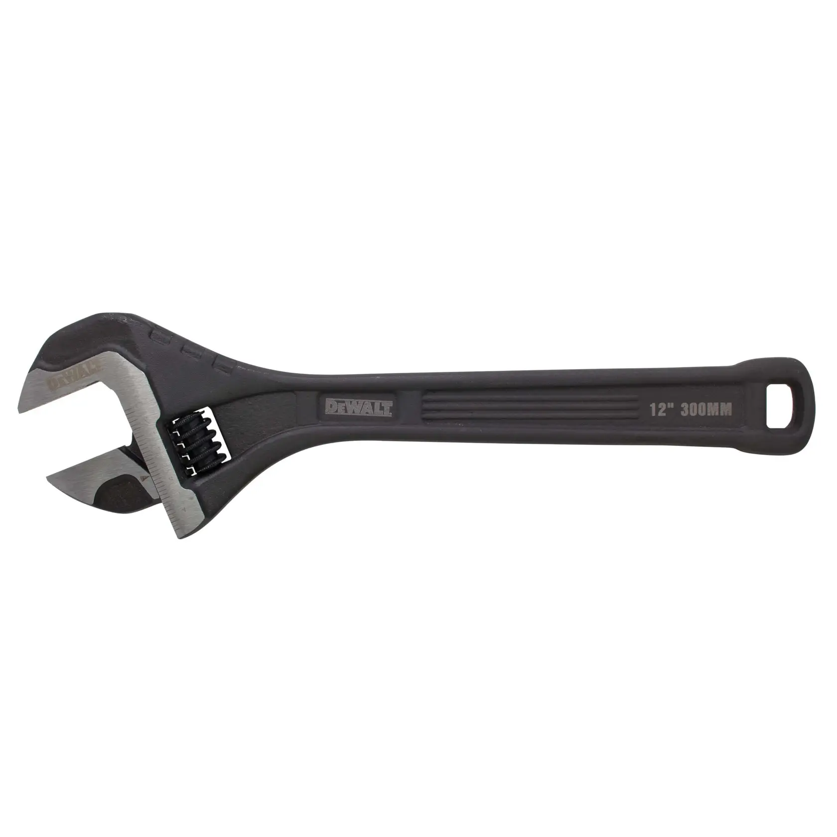 A DEWALT 12-inch adjustable wrench with a black handle and silver jaws, used for gripping and turning nuts and bolts.