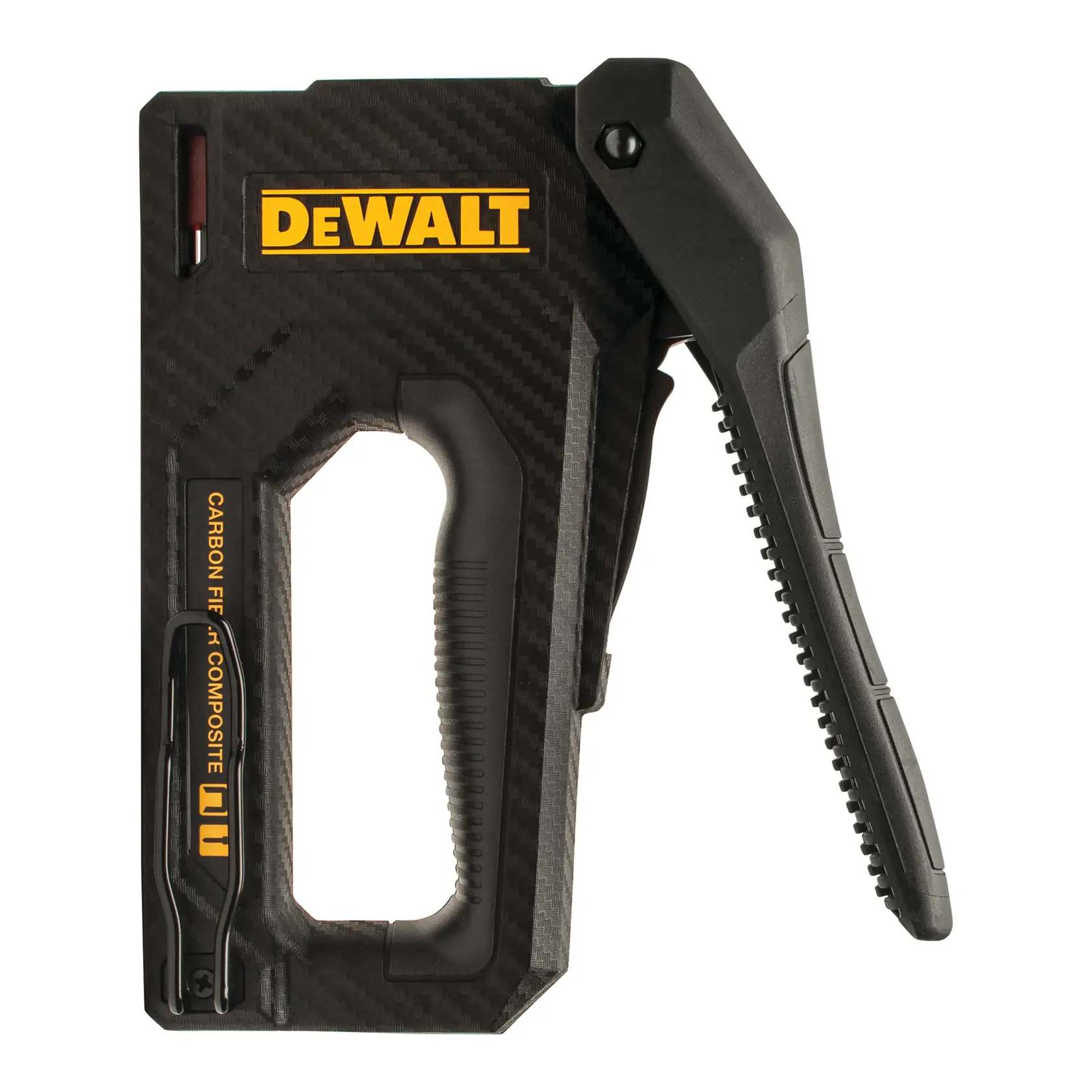 A DEWALT carbon fiber composite hand stapler with a black and yellow design, featuring an ergonomic handle and compact construction.