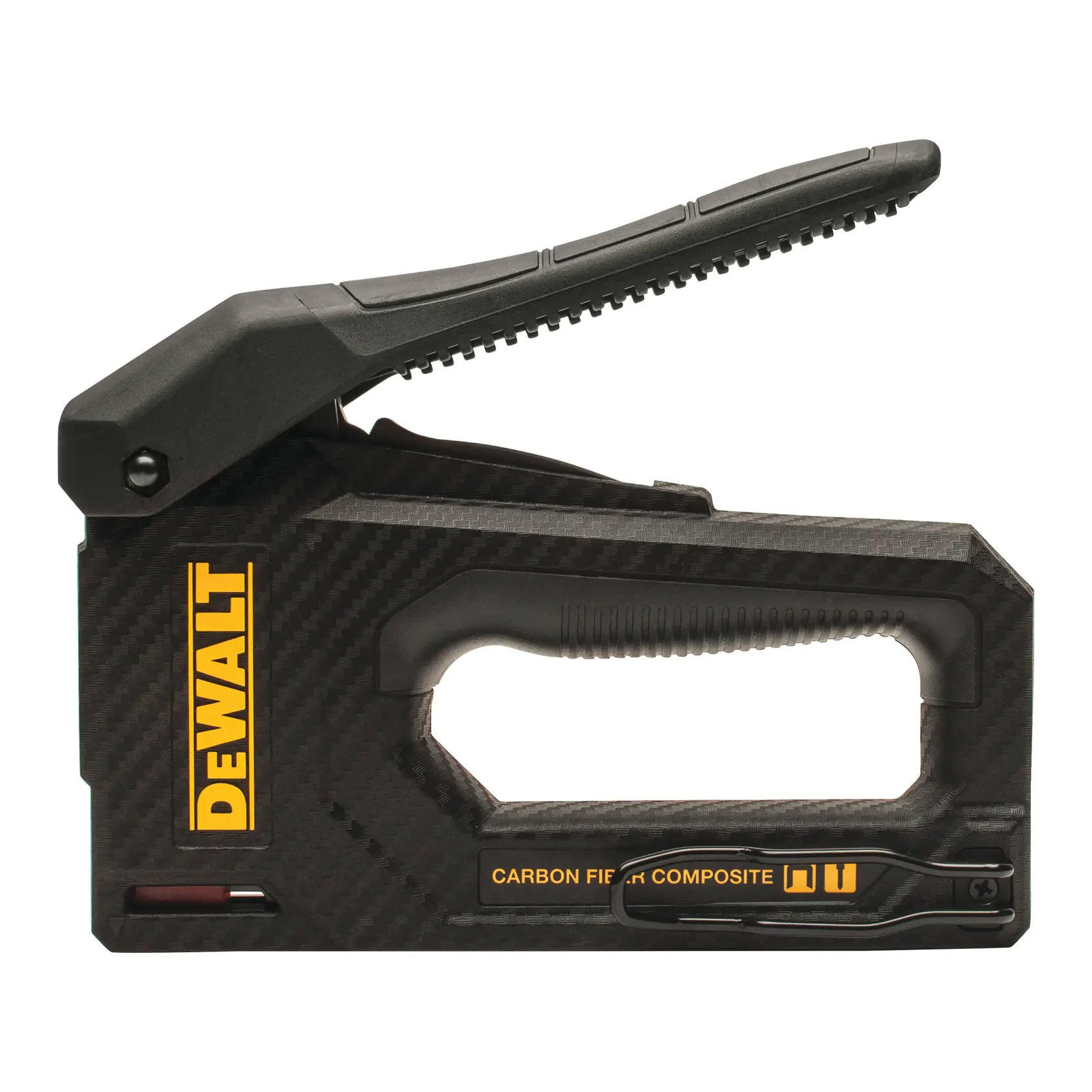 A DEWALT carbon fiber composite staple gun with a black and yellow design, featuring an ergonomic handle.