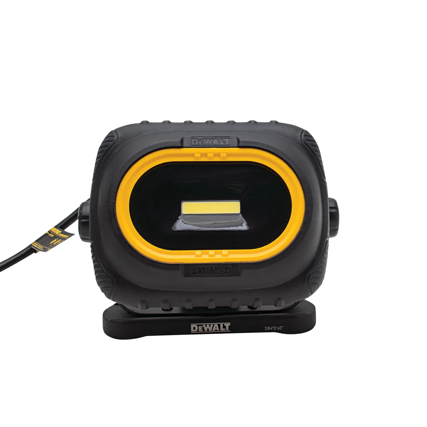 Front view of a DEWALT portable LED work light with a black and yellow rugged casing, placed on a small stand base.