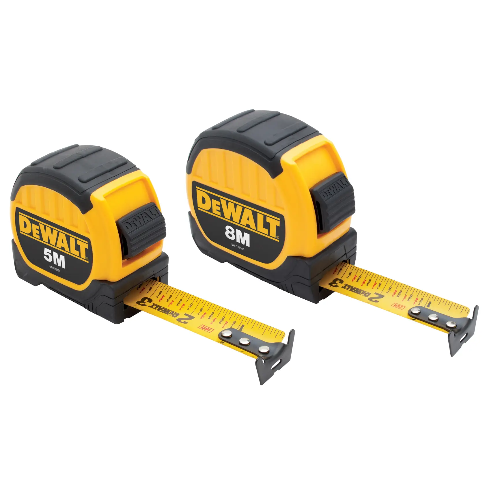 Two DEWALT tape measures, 5m and 8m, with yellow-black cases and extended metal measuring tapes.