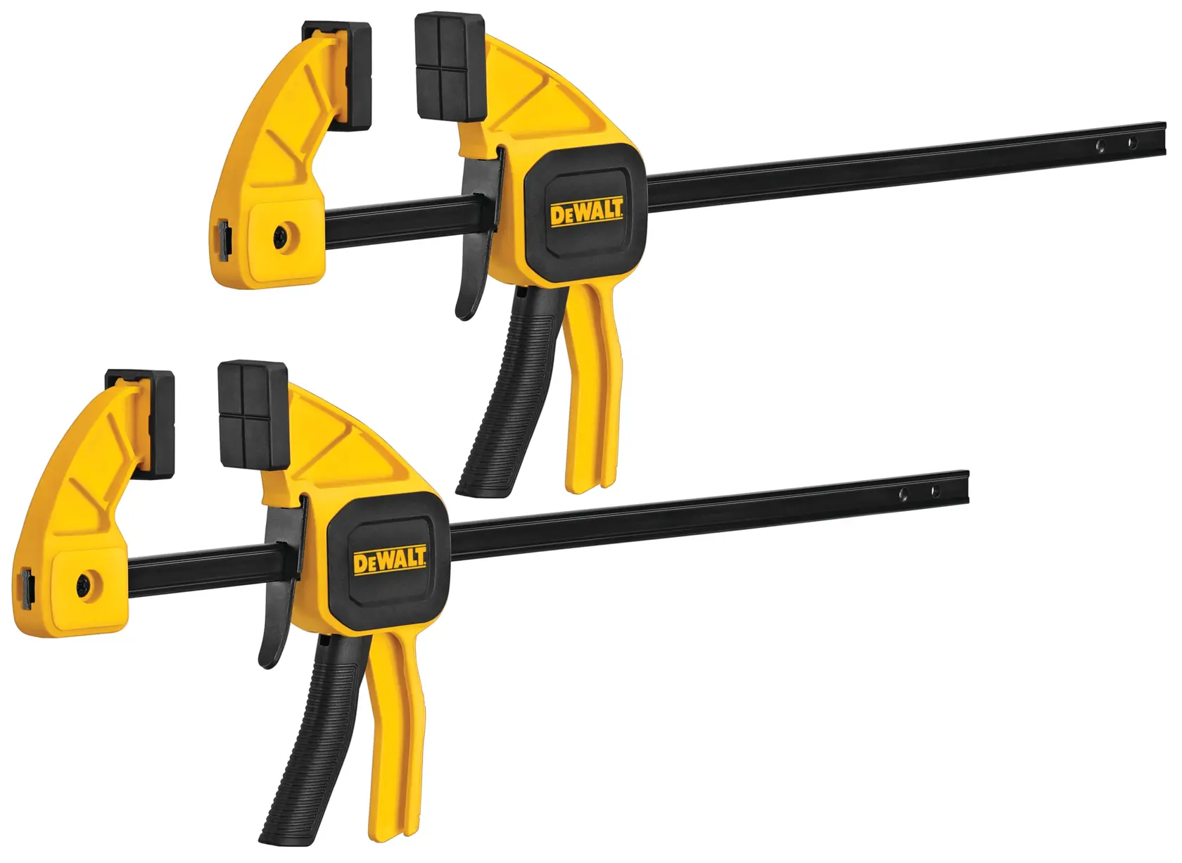 Two DEWALT quick grip bar clamps with yellow and black handles, designed for securing materials during woodworking or other tasks.