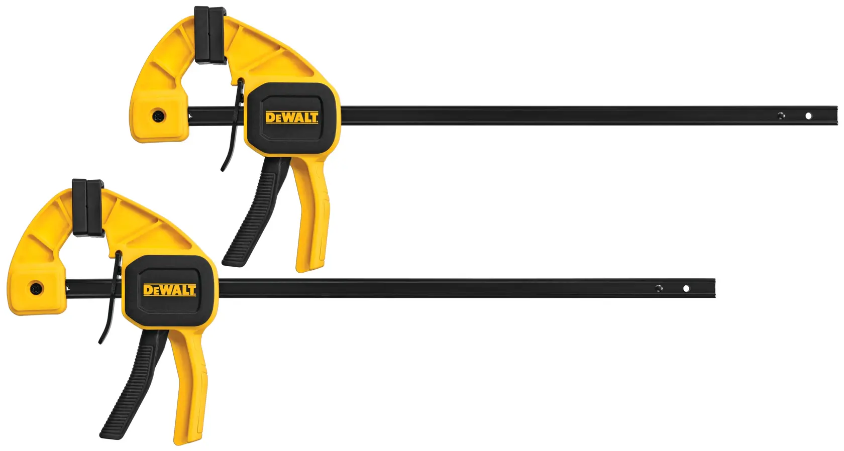 Two DEWALT trigger clamps with yellow and black handles and long metal bars, shown side by side.