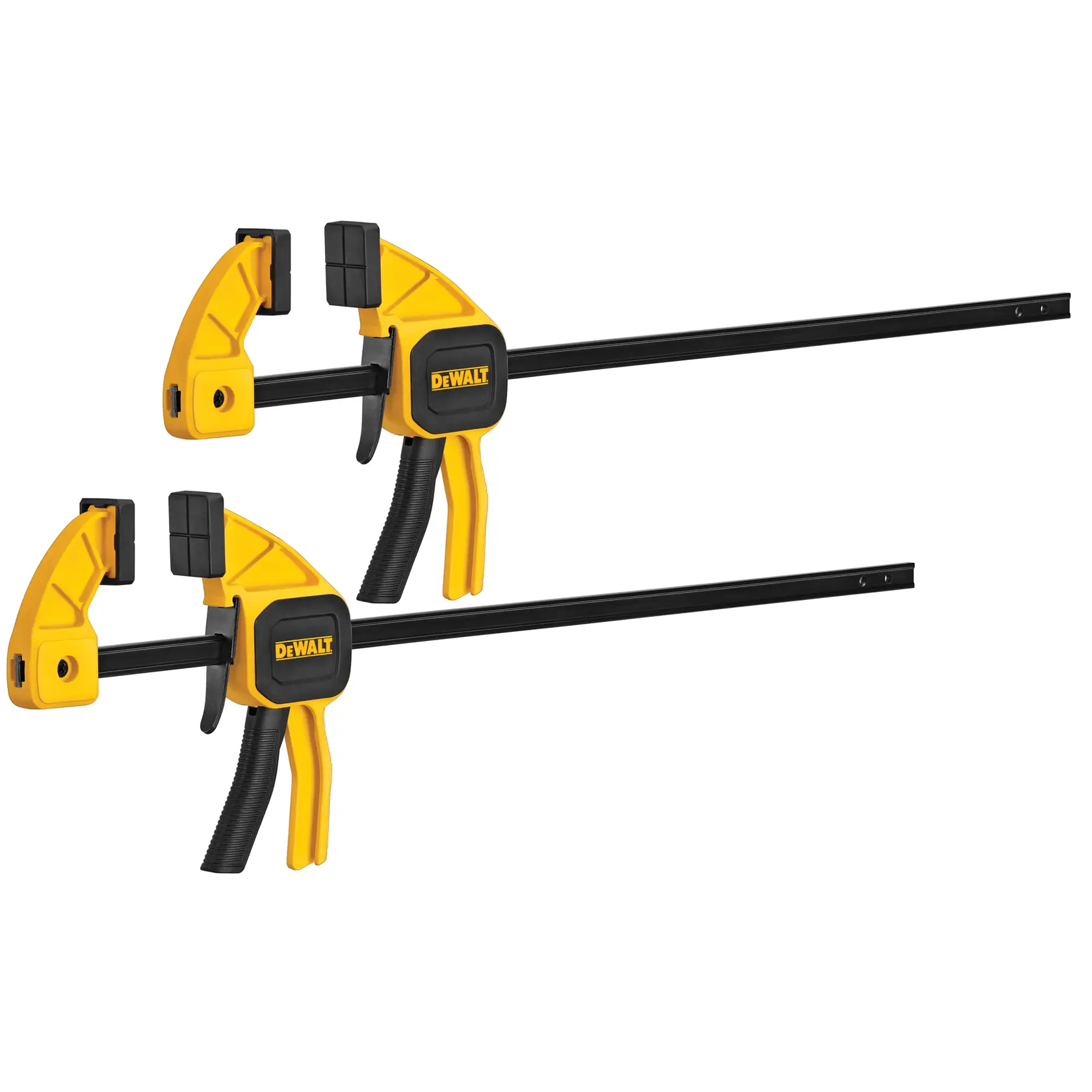 Two DEWALT bar clamps with yellow and black handles, featuring quick-release trigger mechanisms, used for securing materials during woodworking or construction projects.