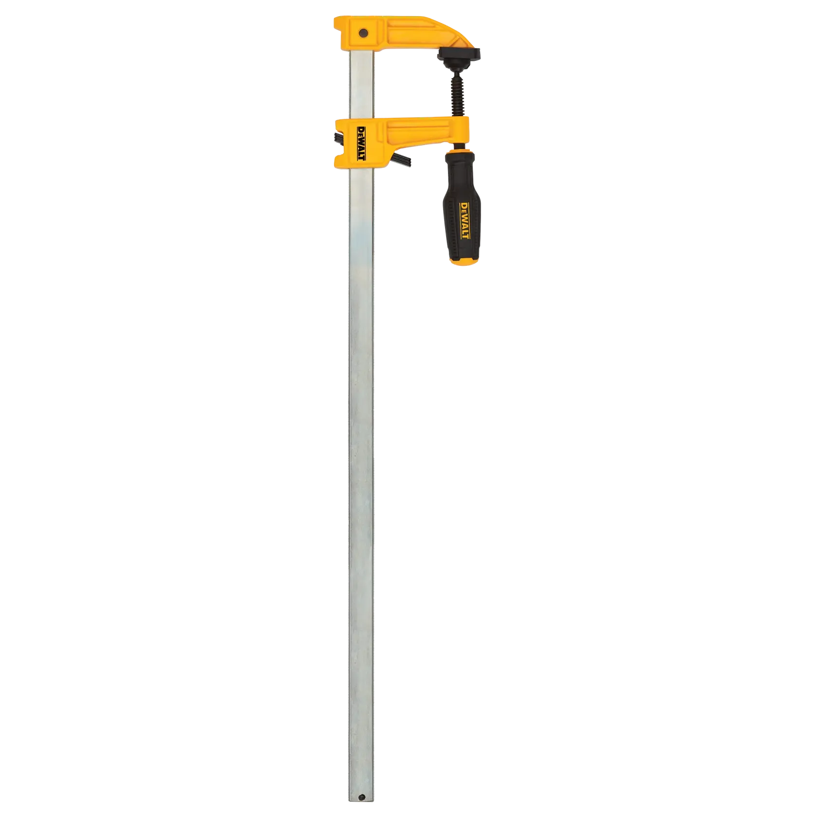 A DEWALT bar clamp with a long metal bar and yellow and black handle, designed for woodworking and construction applications.