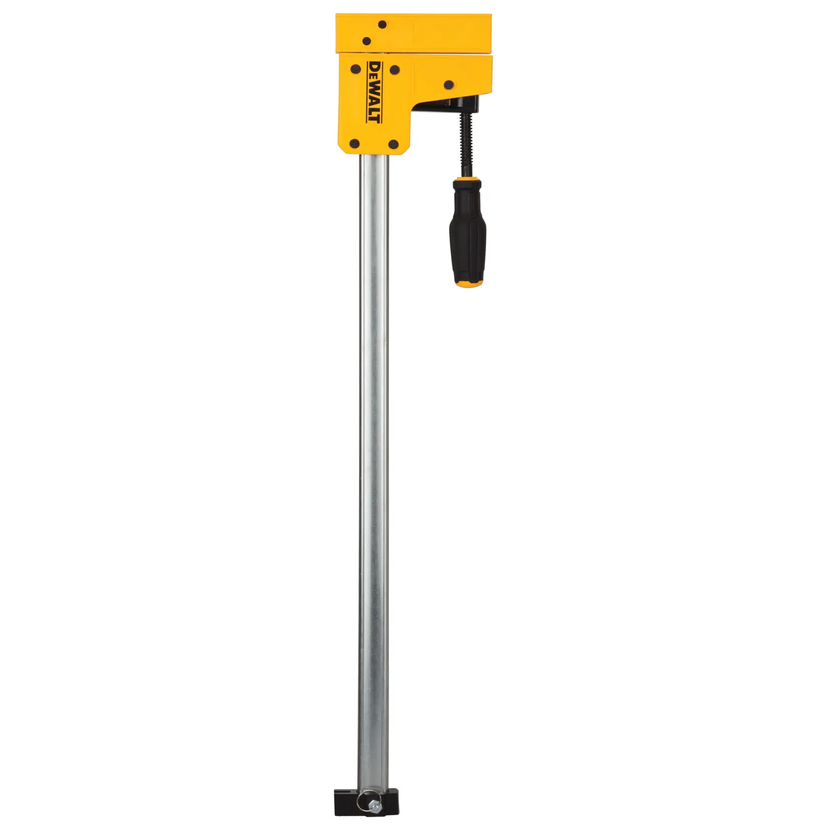 DEWALT bar clamp with a yellow head and black handle for woodworking and construction tasks.