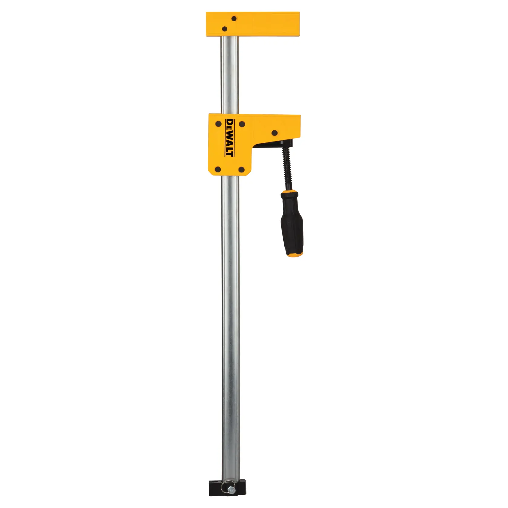 A DEWALT bar clamp with a yellow adjustable jaw and handle, used for woodworking and securing materials.