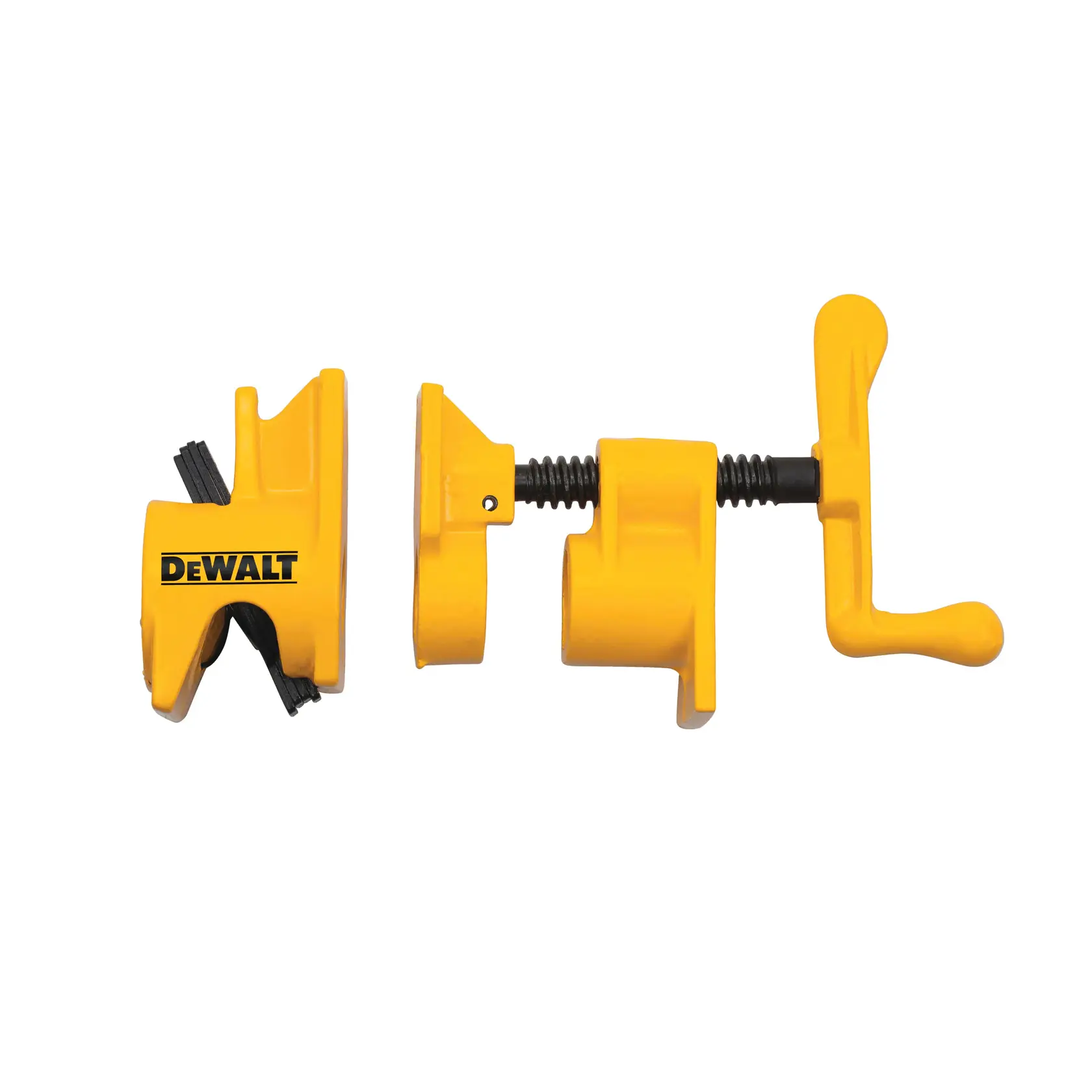 A yellow DEWALT pipe clamp set, featuring two components. One part includes a branded grip with black pads, and the other has a screw mechanism with a T-shaped handle. Both pieces are designed for securely clamping pipes during woodworking or other workshop tasks.