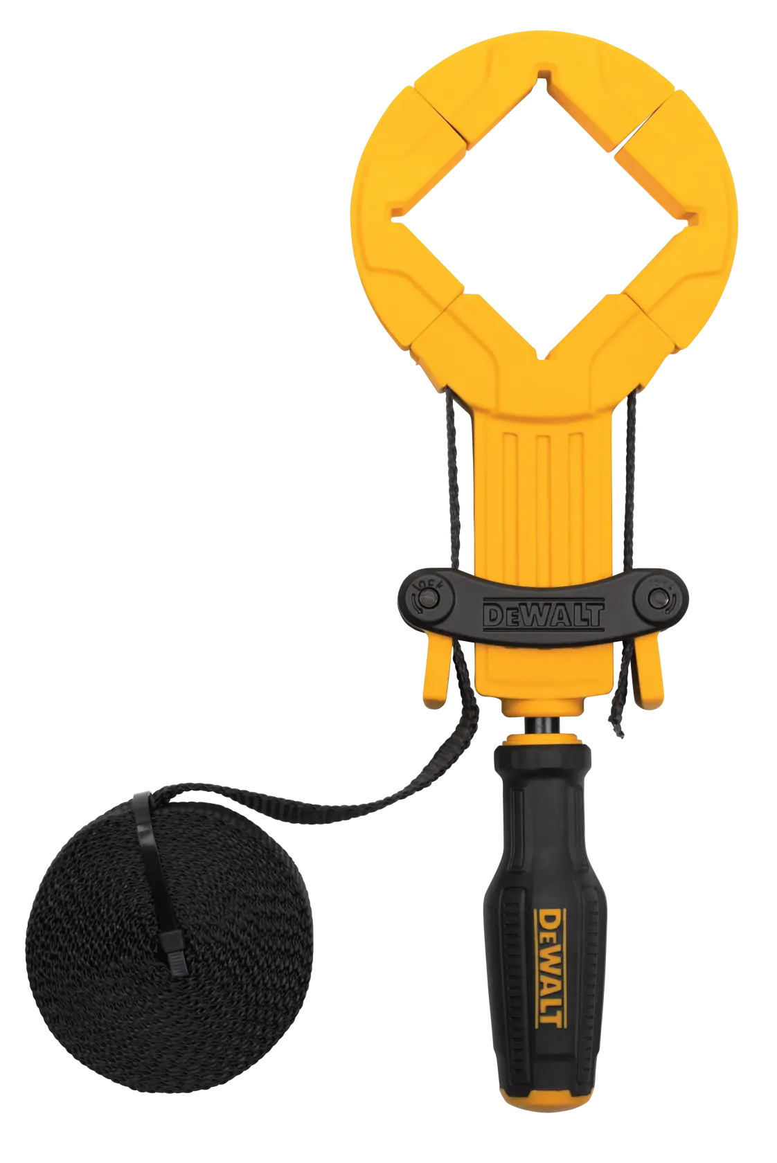 A DEWALT photography product featuring a yellow and black handle with a square opening at the top, attached to a black cord and spool.