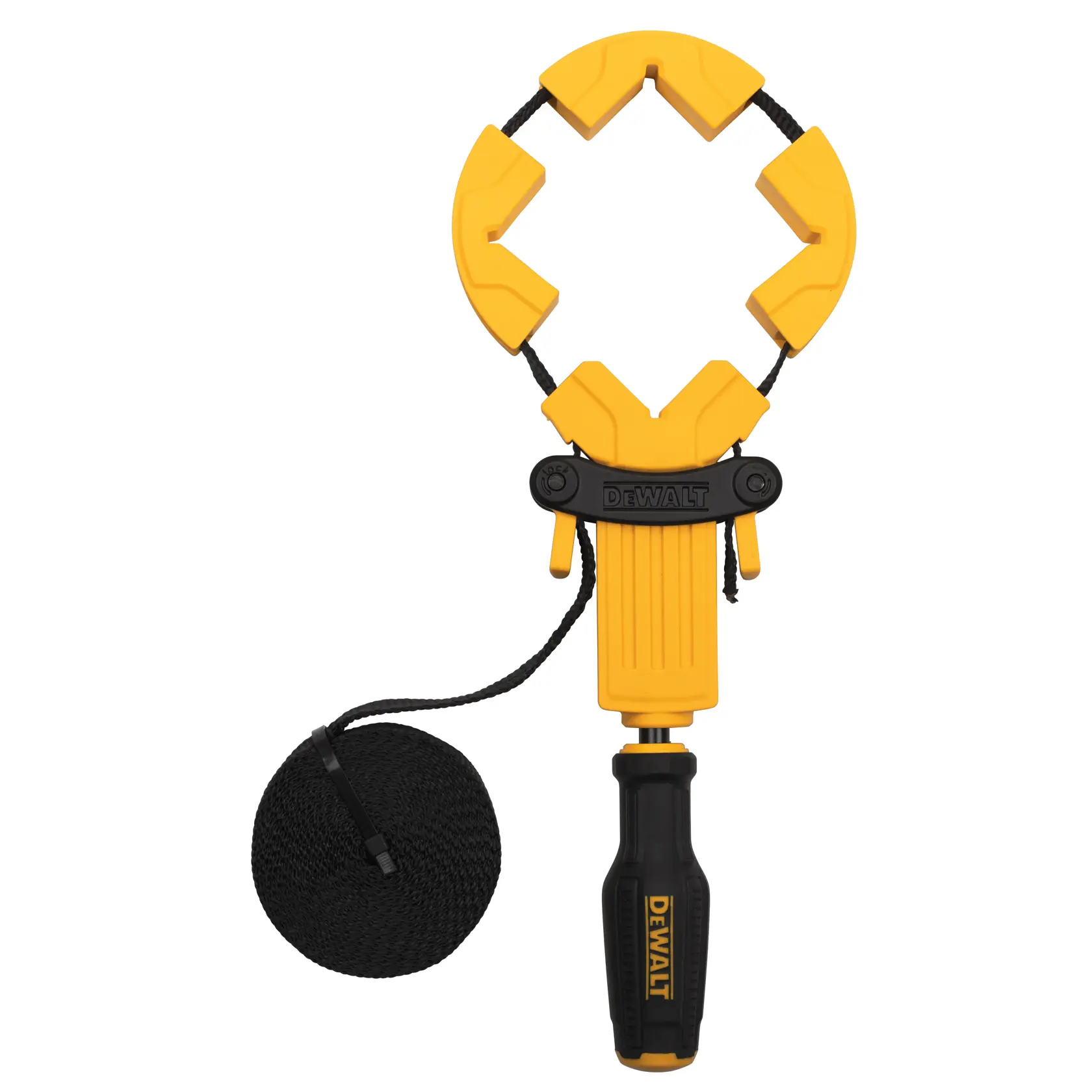 A DEWALT photography tool with a yellow clamp, black handle, and a long black cord coiled beside it. The clamp has padded corners and the DEWALT logo is visible on the handle.