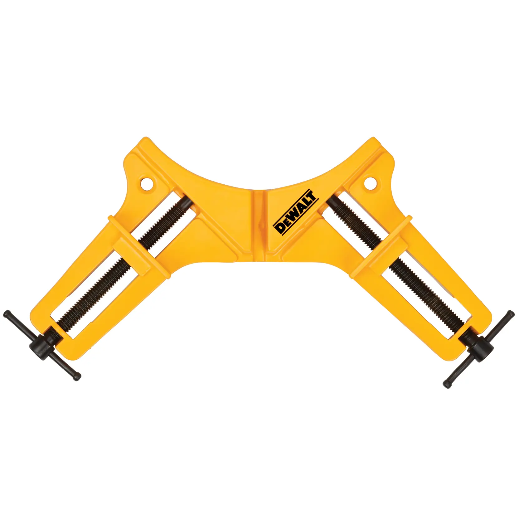 Yellow DEWALT corner clamp tool with dual screw handles, used for woodworking and aligning corners.