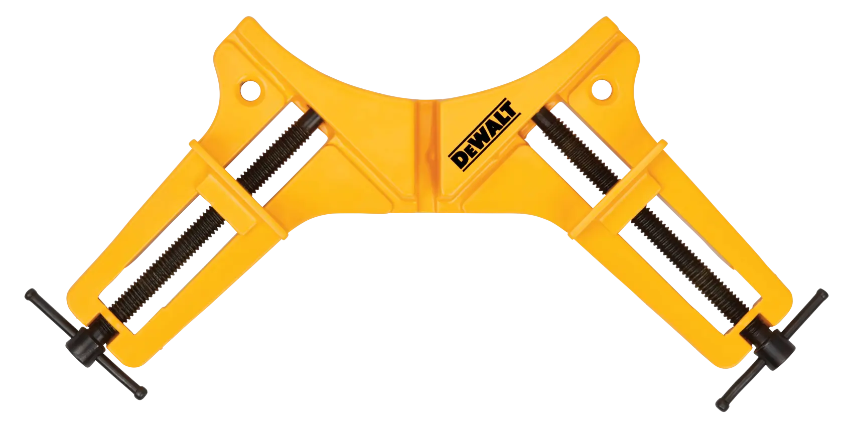 A yellow DEWALT corner clamp designed for woodworking and holding pieces together at a 90-degree angle. The clamp features two screw mechanisms for secure and adjustable fastening.