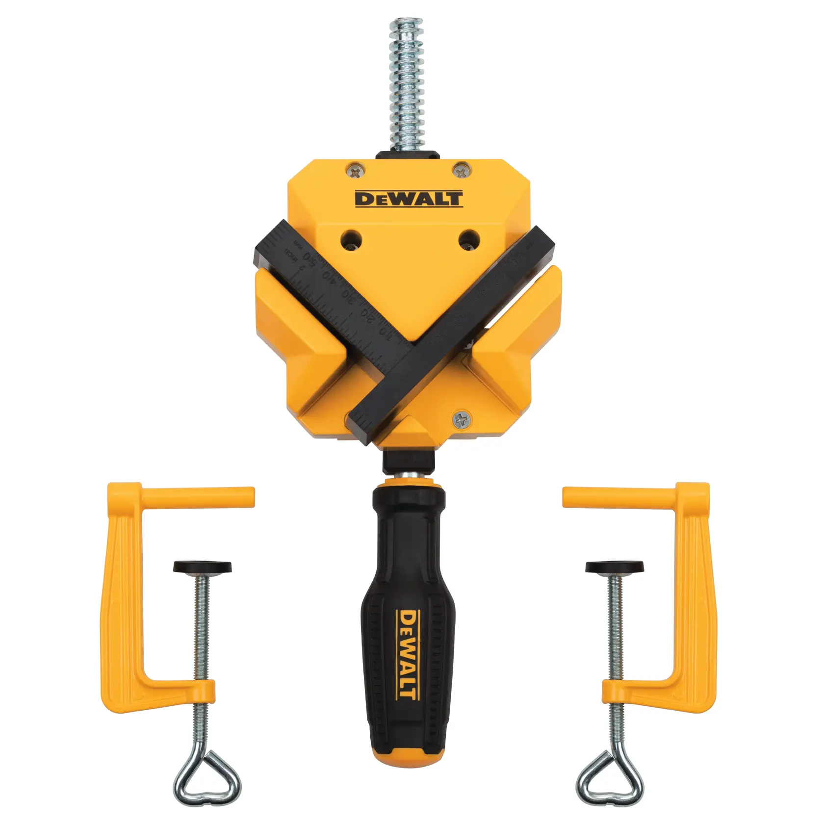 DEWALT photography tool with two clamps and a yellow main body, black handle, and ruler attachments.