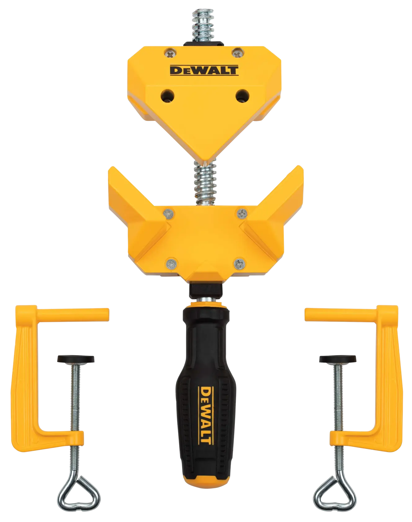 DEWALT yellow and black corner clamp tool set with two additional yellow clamps, designed for holding materials at a right angle, suitable for woodworking and construction projects.