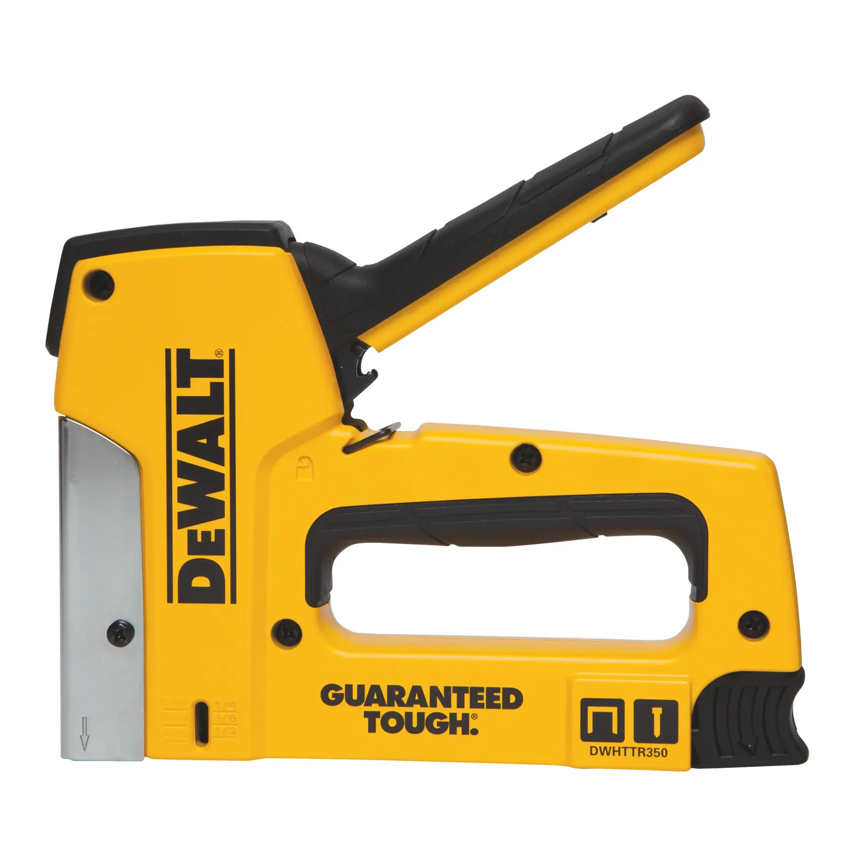 A DEWALT heavy-duty yellow and black hand stapler with a metal front plate and ergonomic handle. The stapler is labeled with the DEWALT brand and the text 'GUARANTEED TOUGH.'