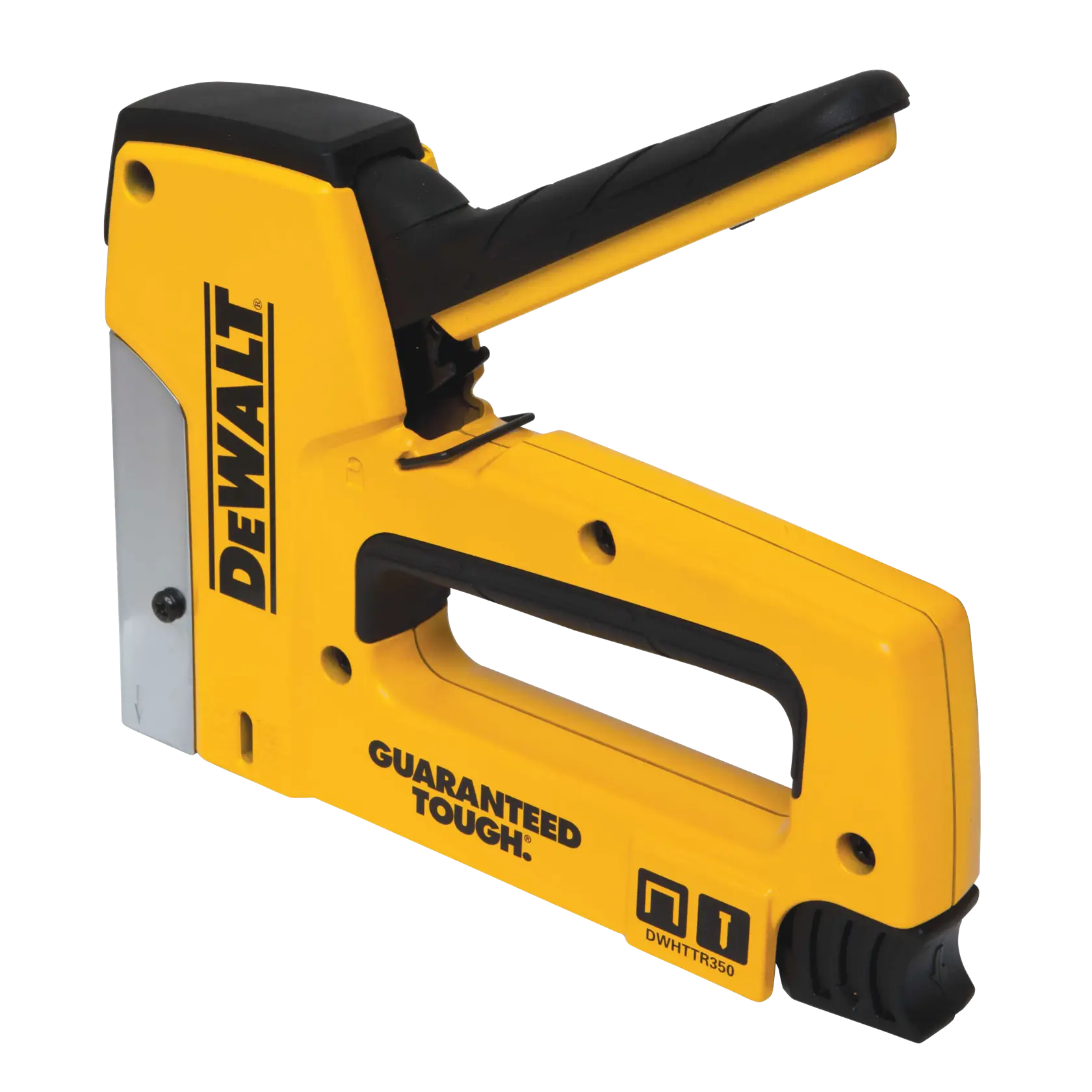 A yellow DEWALT heavy-duty hand stapler with a black handle, featuring the model number DWHTTR350 and durability branding on its side.
