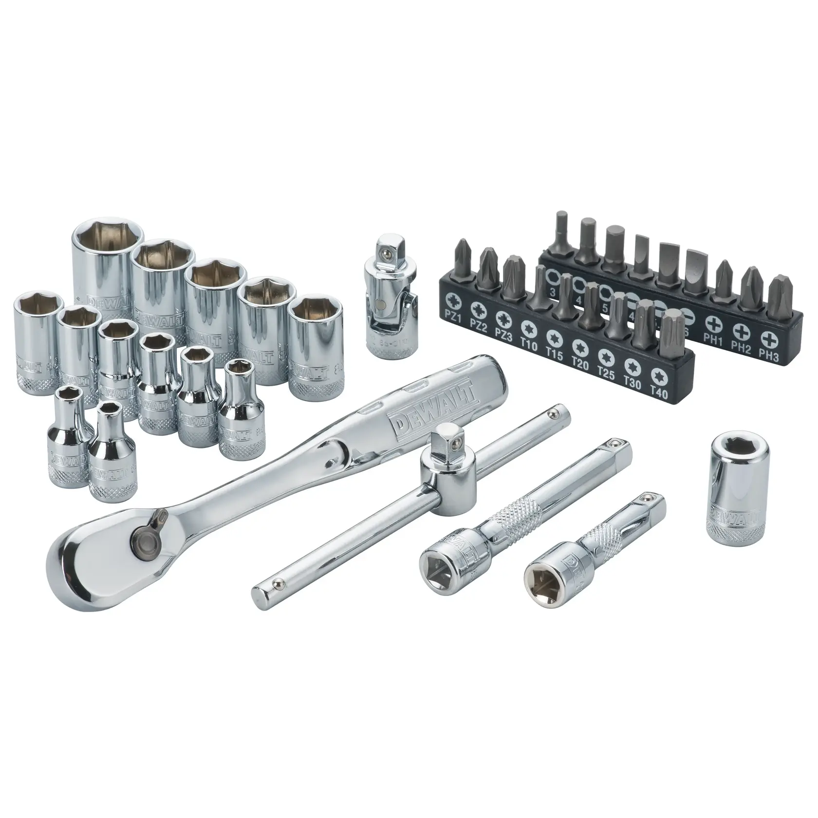 DEWALT socket and bit set with ratchet, extensions, sockets and screwdriver bits arranged on a white background.