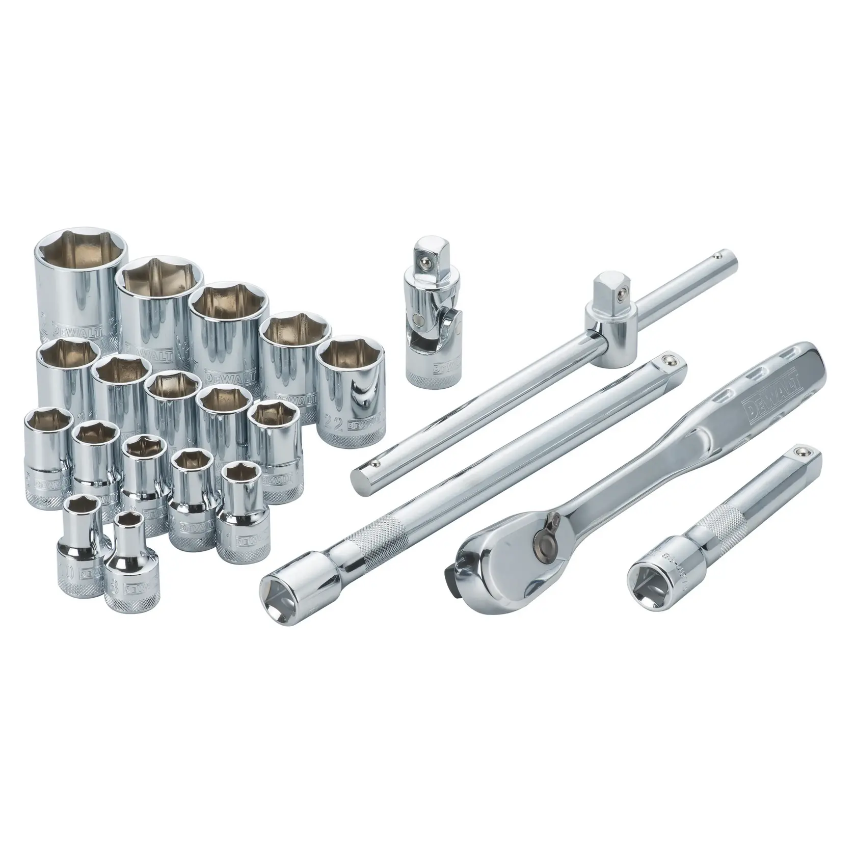 Set of DEWALT chrome socket wrenches and extensions arranged on a white background.