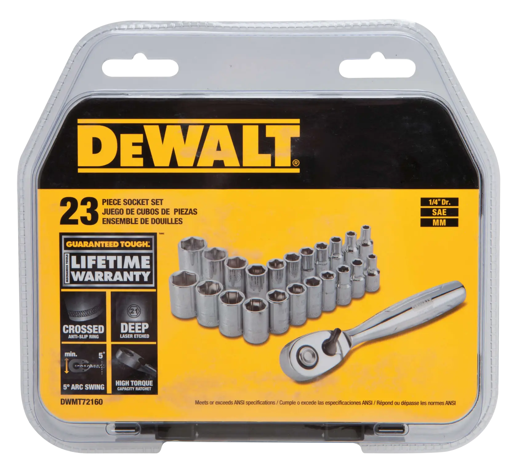 DEWALT 23-piece socket set in a plastic carrying case, showing sockets of various sizes and a ratchet, with highlighted features like lifetime warranty, deep laser-etched sockets, and high torque capacity.