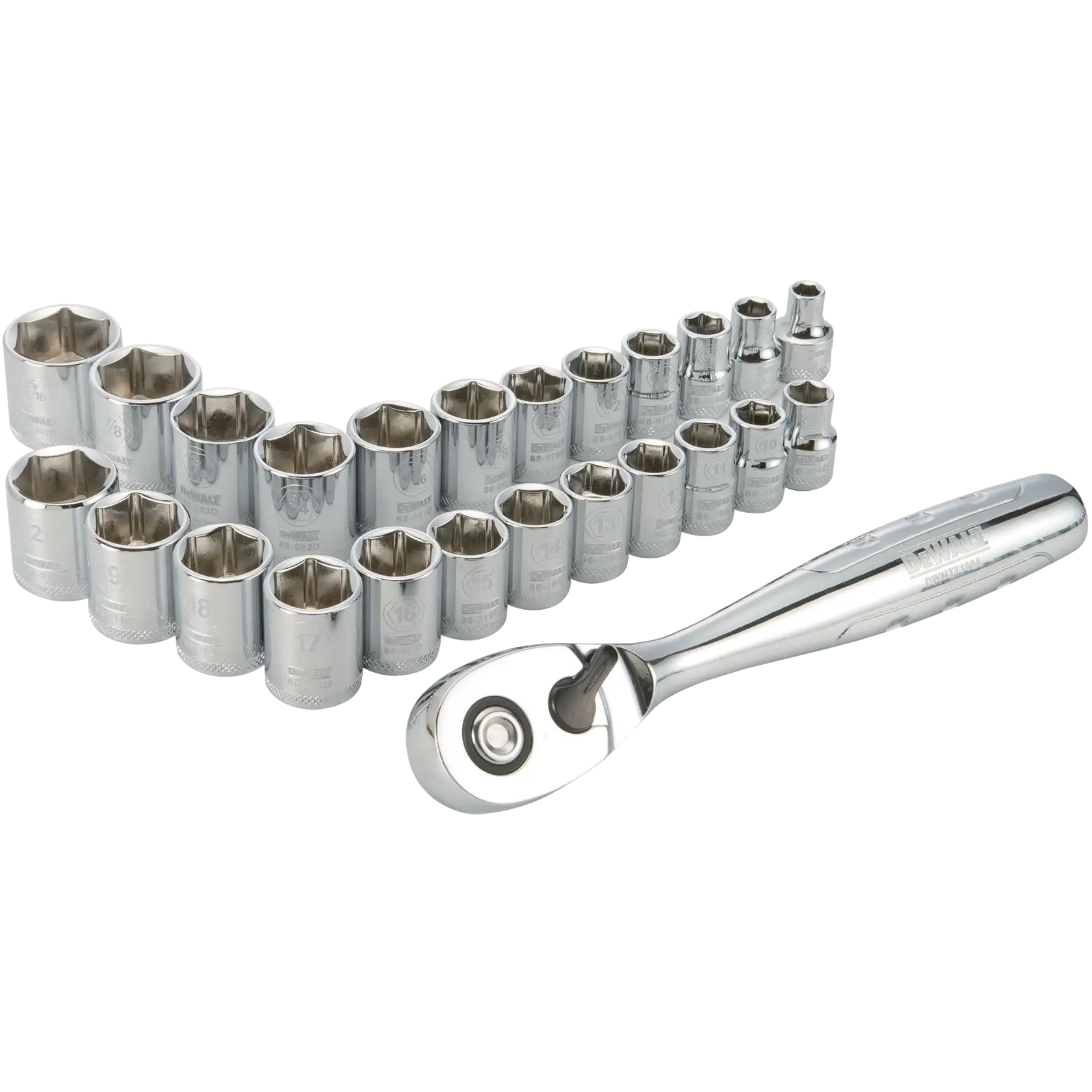 A DEWALT socket and ratchet set with multiple sockets arranged in a row, featuring highlighted features such as knurled control rings for a non-slip gripping surface, laser etched markings for easy socket size identification, and a 72 tooth gear system for high torque ratcheting with a 5-degree arc swing. The image also shows a 'Lifetime Warranty' badge.