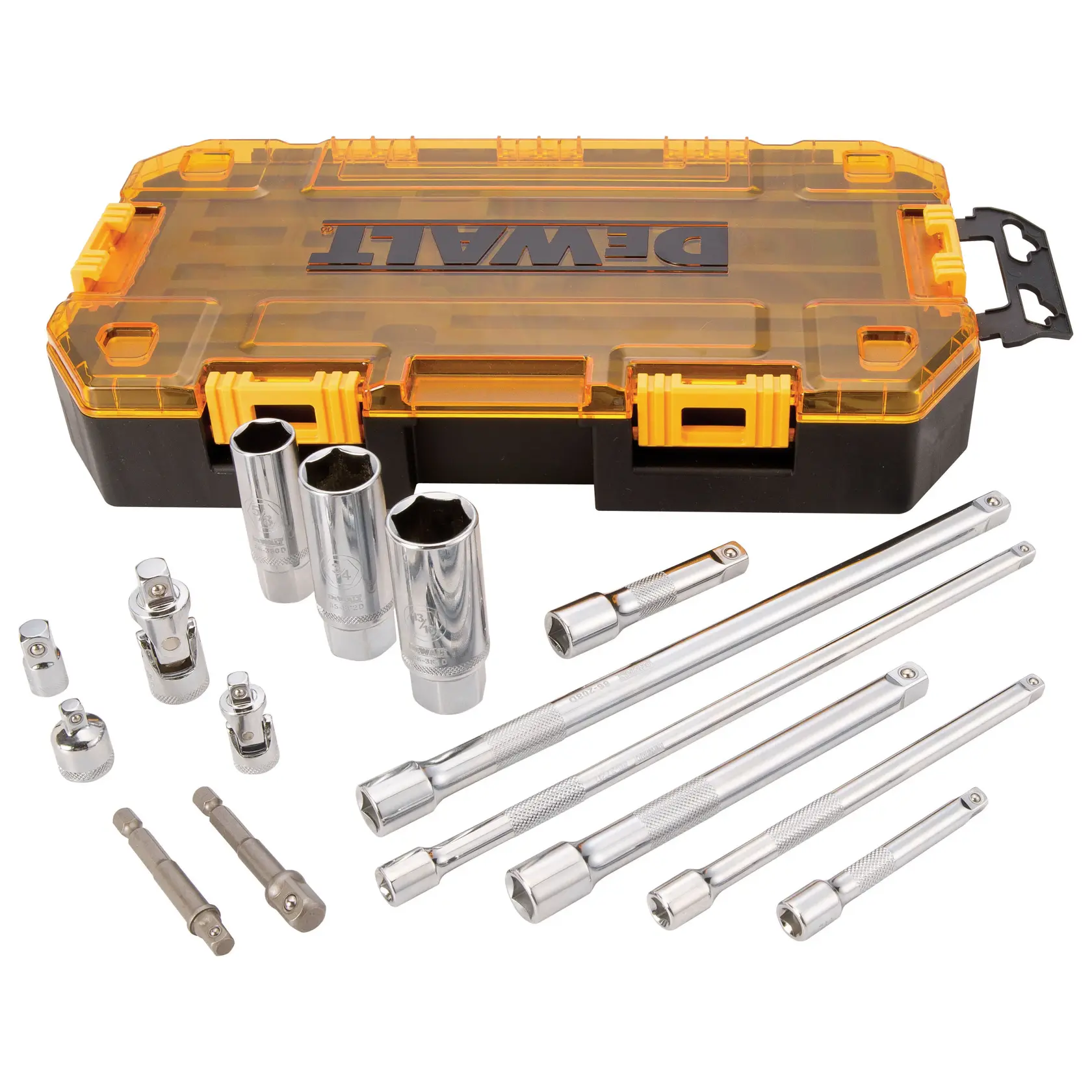 DEWALT socket and extension set with yellow case, several metal sockets, extensions and adapter pieces.