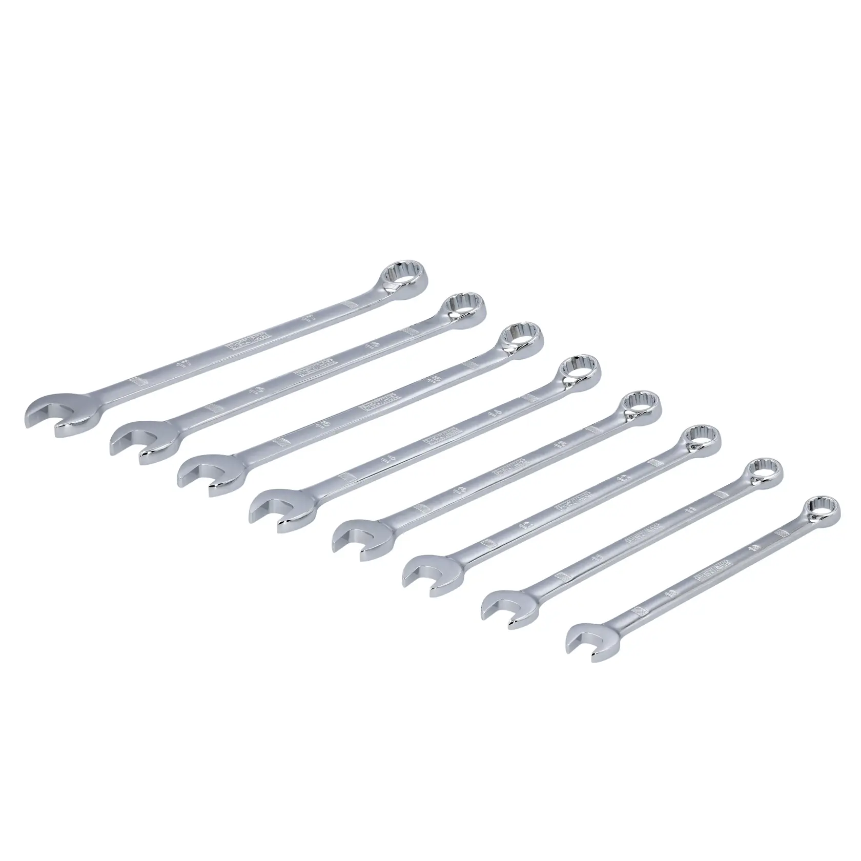 Set of eight silver combination wrenches arranged in a row, each with open and box ends.