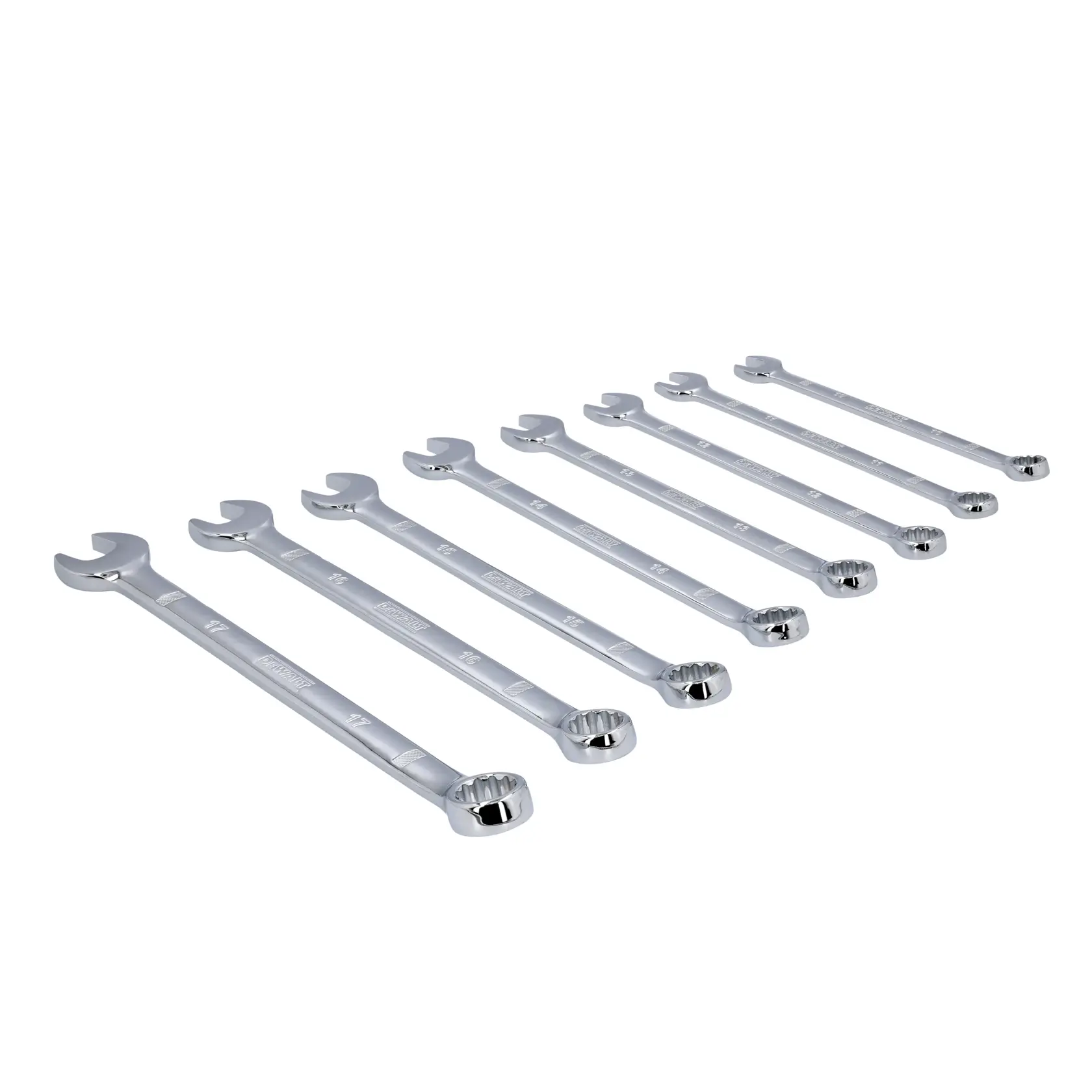 Seven silver combination wrenches arranged in a row on a white background.