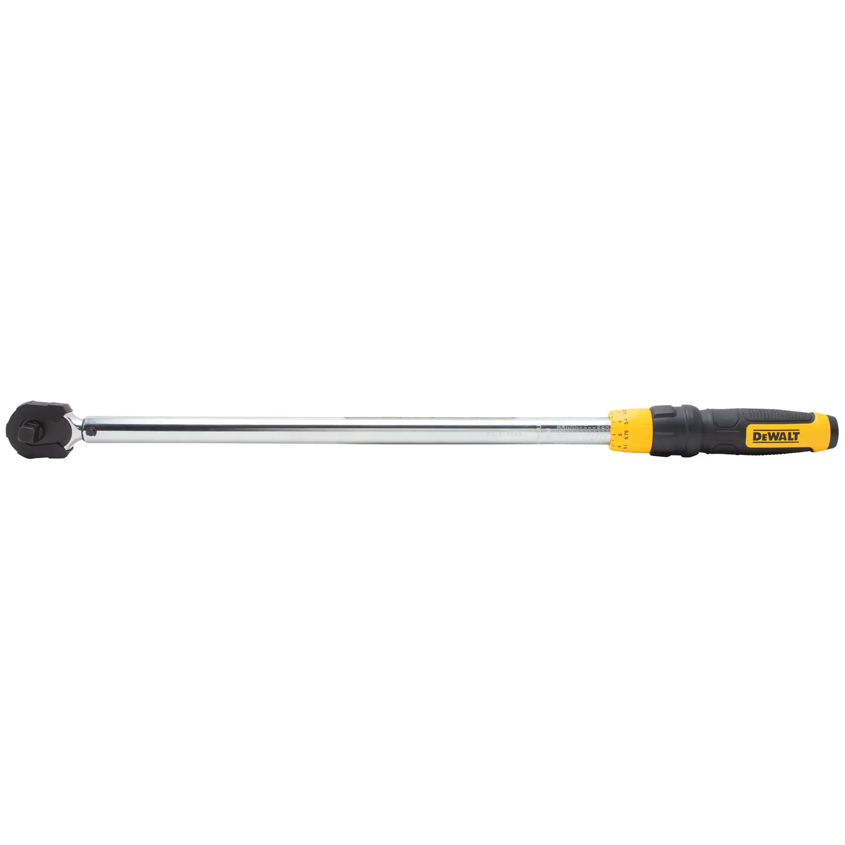 DEWALT torque wrench with black and yellow handle, long chrome shaft and adjustable head on white background.