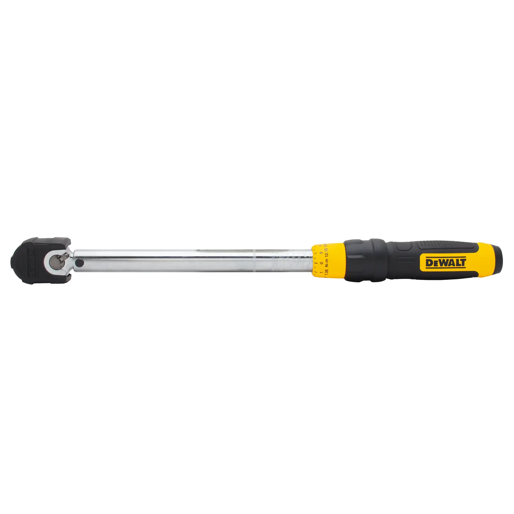 A DEWALT torque wrench with a black and yellow handle and a long metal shaft, used for precise tightening of bolts and nuts.