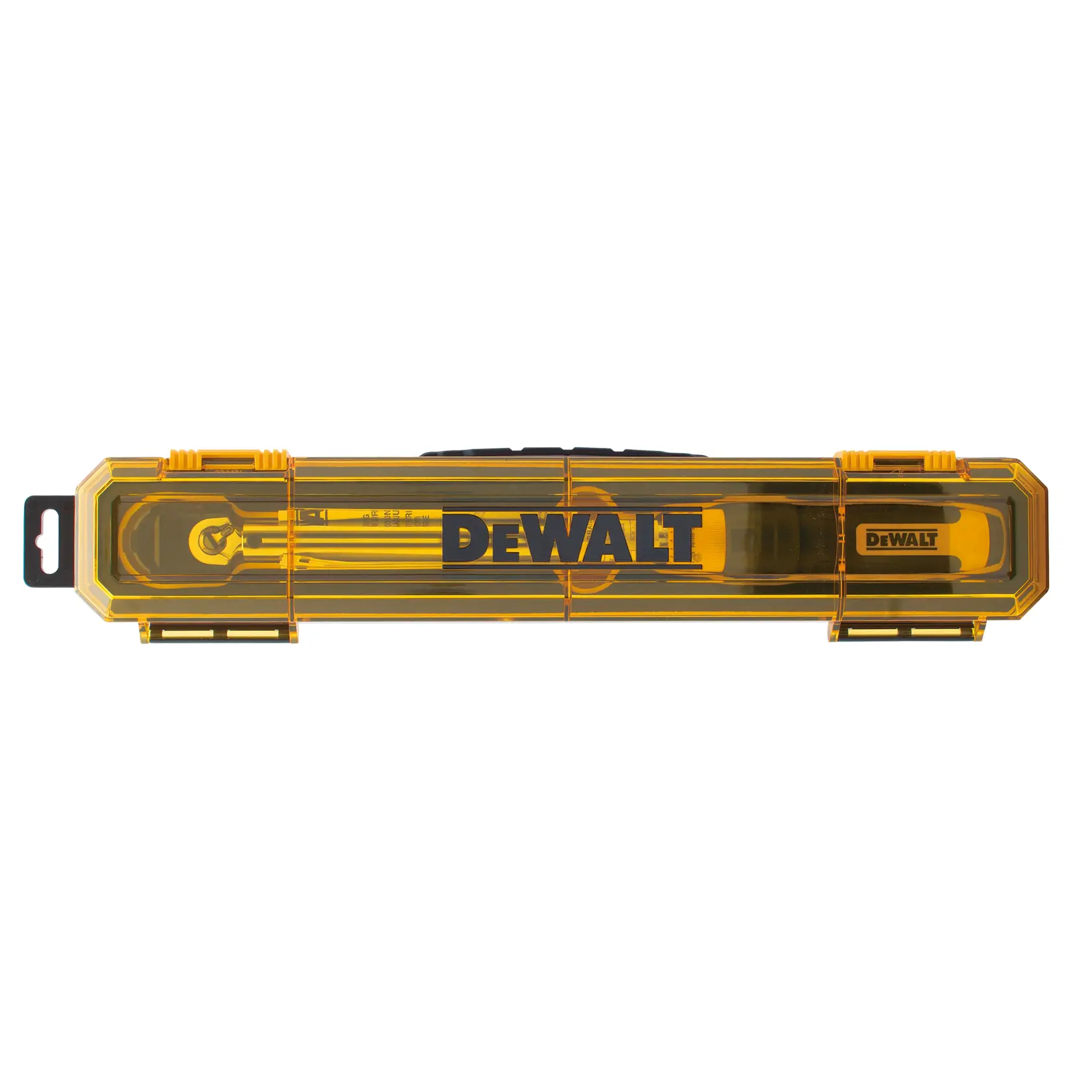Yellow DEWALT branded rectangular case for a torque wrench, with transparent cover showing the tool inside.