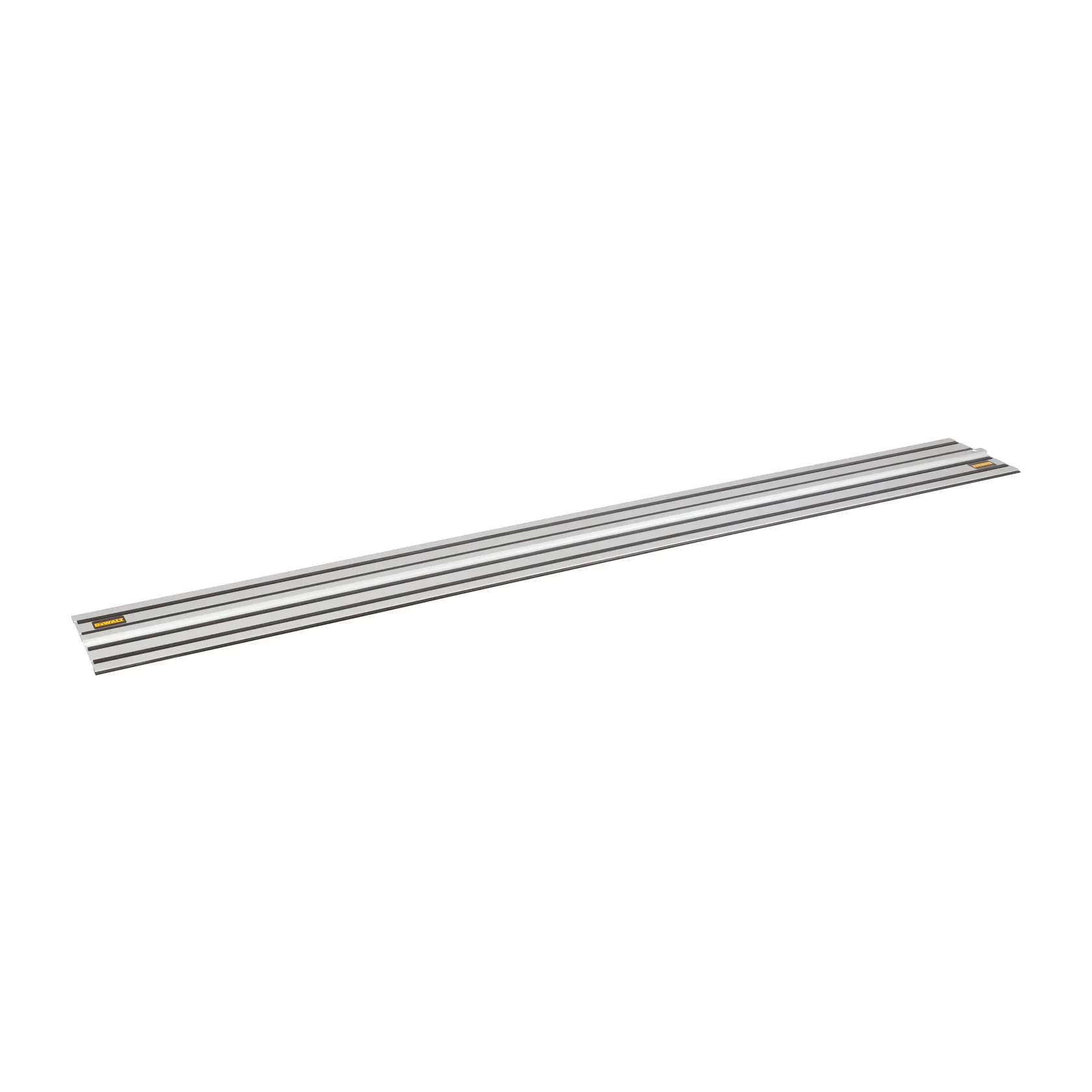 A long, straight aluminum guide rail with a DEWALT logo, used for guiding saws or routers during precise cutting.