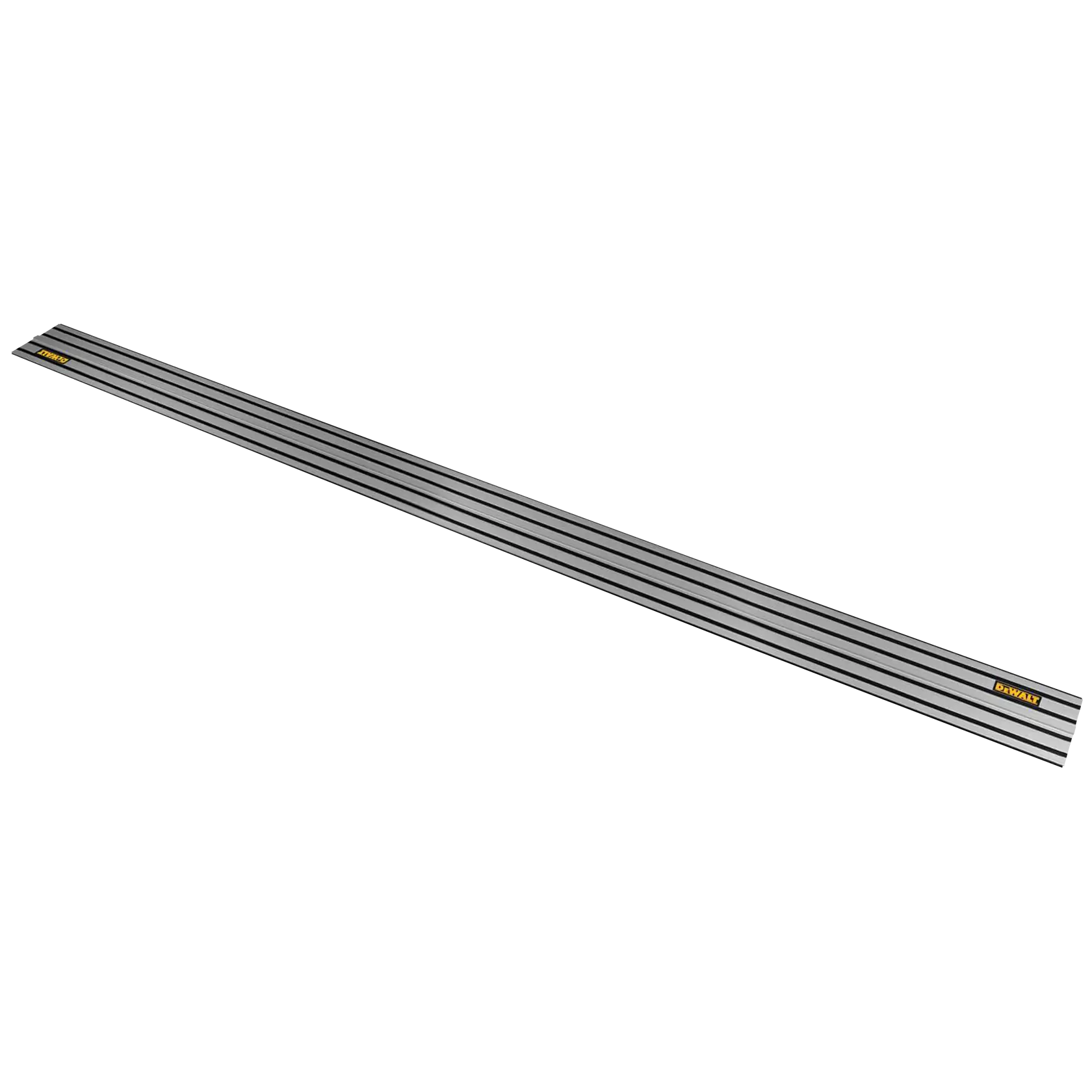 A long, straight metal guide rail with black lines and a DEWALT logo, used for guiding power tools such as saws.