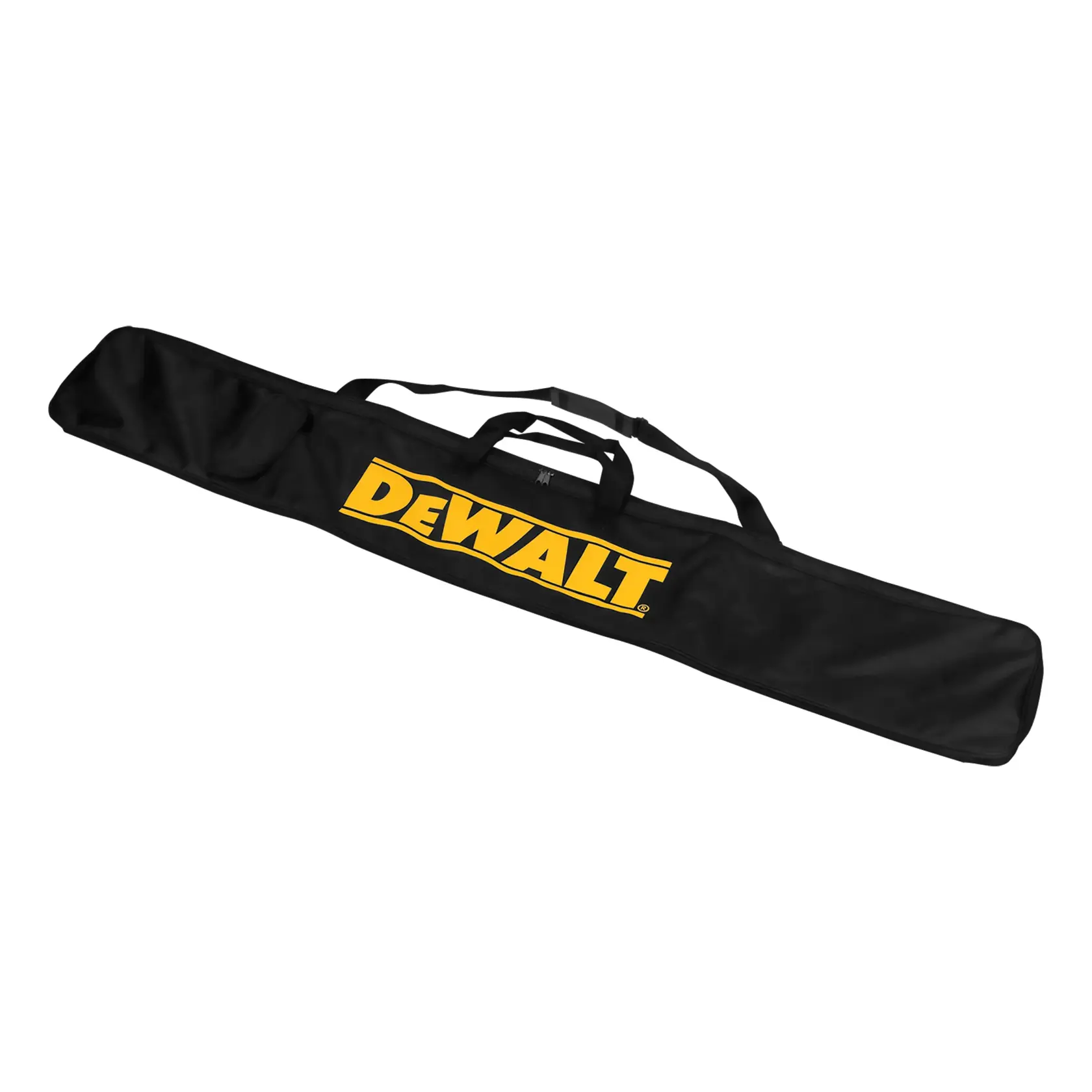 A black DEWALT branded carrying bag, elongated and rectangular, with handles and a shoulder strap, designed for transporting or storing tools or accessories.