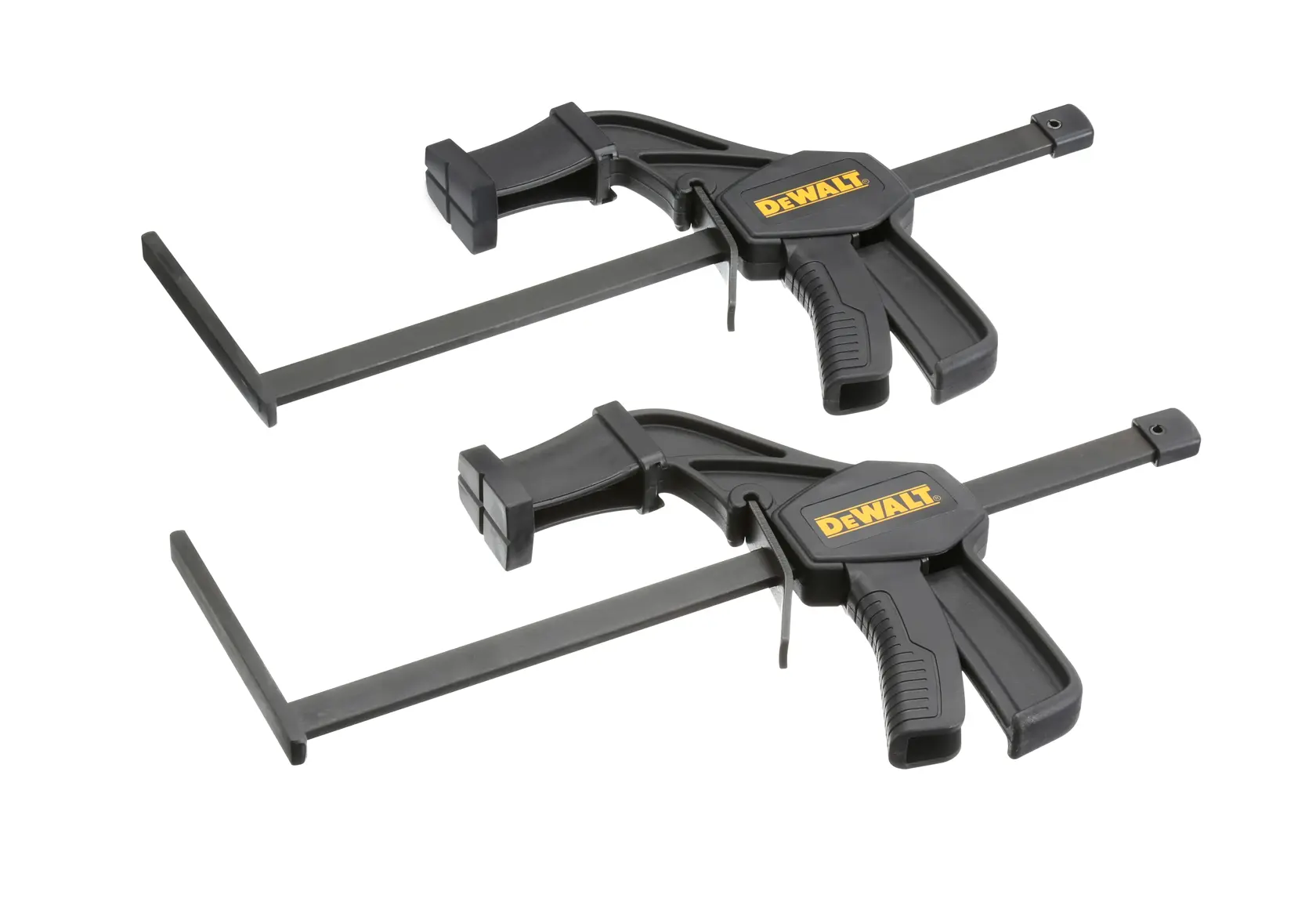 Two DEWALT branded clamp guides, designed for precise woodworking and construction tasks, are shown side by side against a white background.