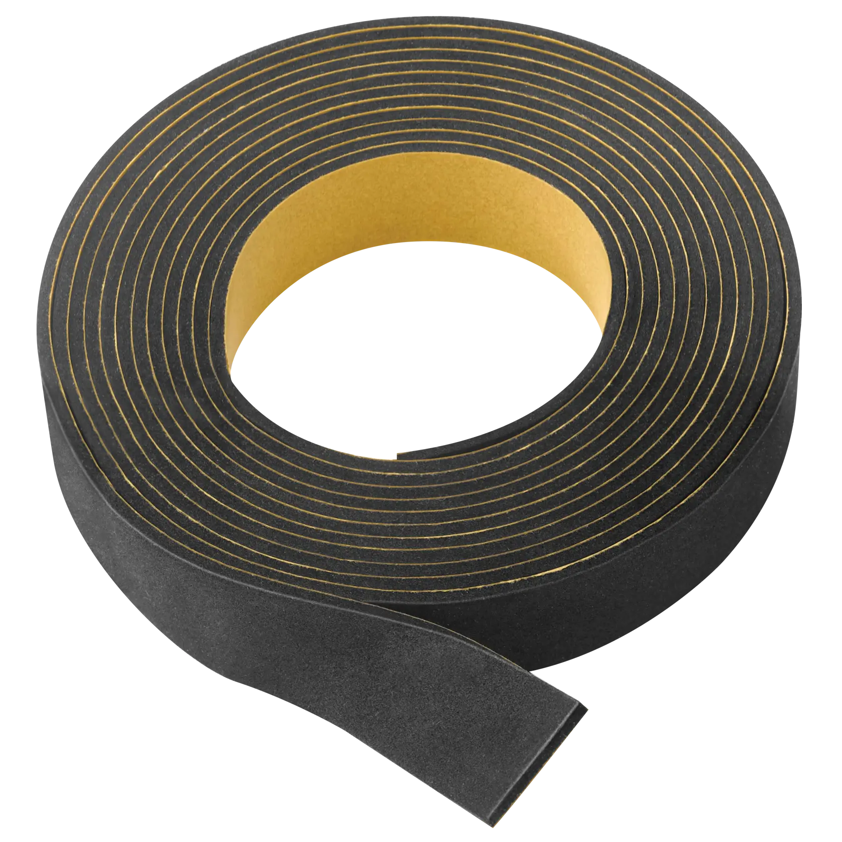 A roll of black adhesive foam tape with a peel-off backing, commonly used for sealing, insulation, or mounting purposes.