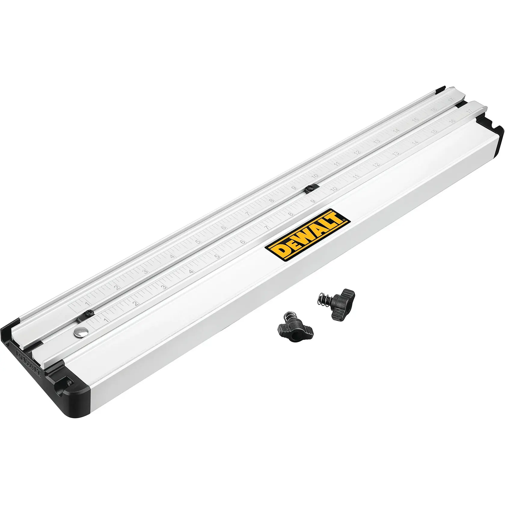 A DEWALT branded silver aluminum rip fence guide with measurement markings and two black adjustment knobs placed beside it.