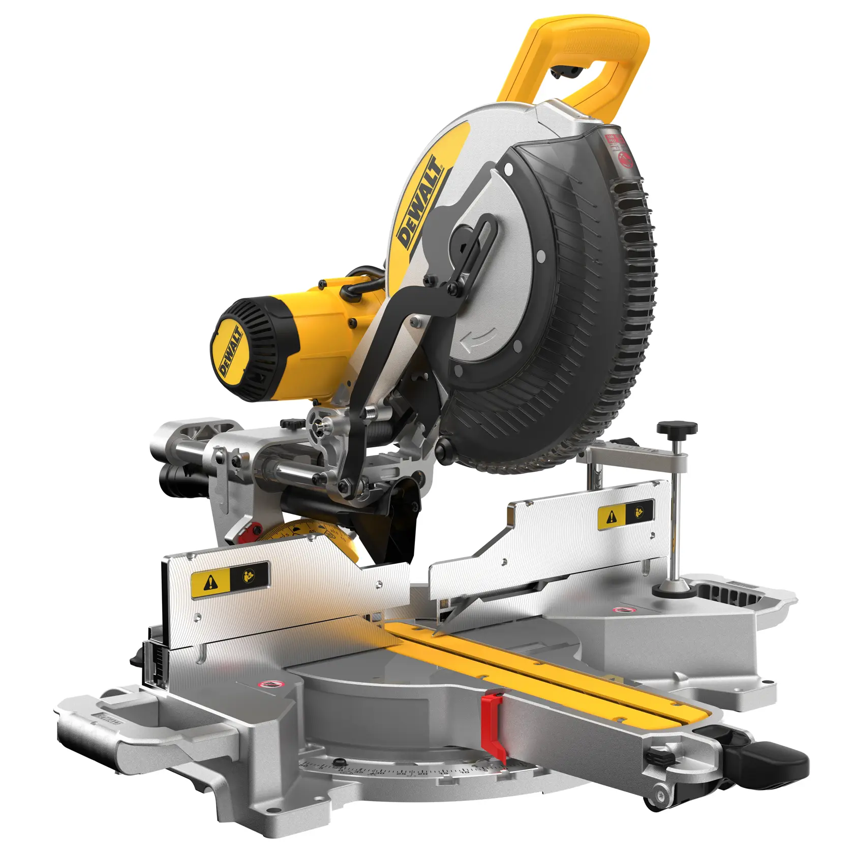 A DEWALT DWS780 sliding compound miter saw, featuring a yellow and silver design with a large circular blade, sturdy base, and adjustable fence.