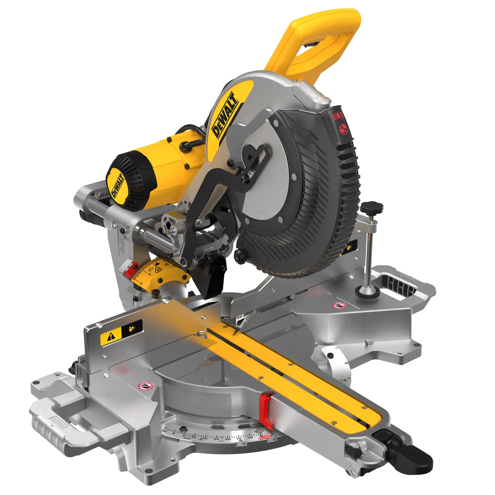 A construction worker wearing a helmet and high-visibility vest operates a DEWALT DWS780 miter saw on a building site. The saw is cutting a piece of wood, and there are metal columns and construction materials in the background.