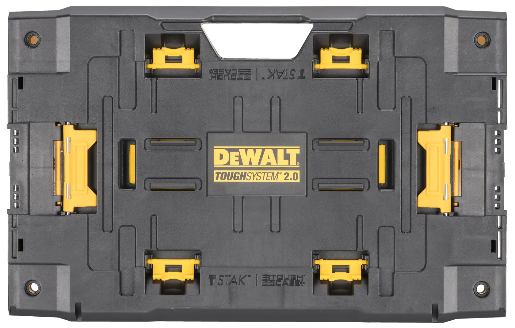 A DEWALT ToughSystem 2.0 black and yellow tool storage box, viewed from the top. The box features a sturdy design with latches and the DEWALT logo in the center.