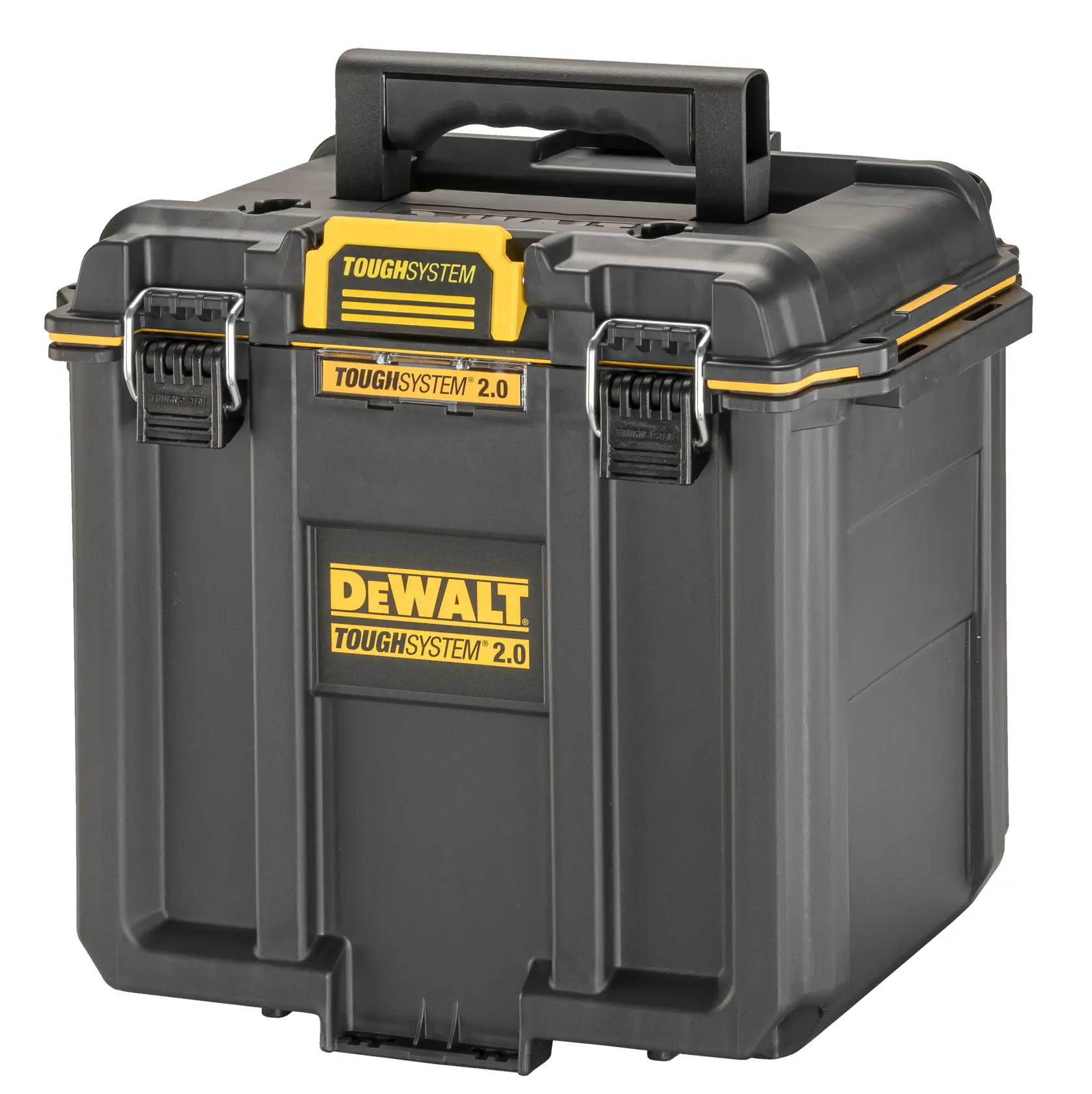Una caja de almacenamiento DEWALT ToughSystem 2.0 con diseño negro y amarillo, equipada con un asa resistente y cierres metálicos seguros.