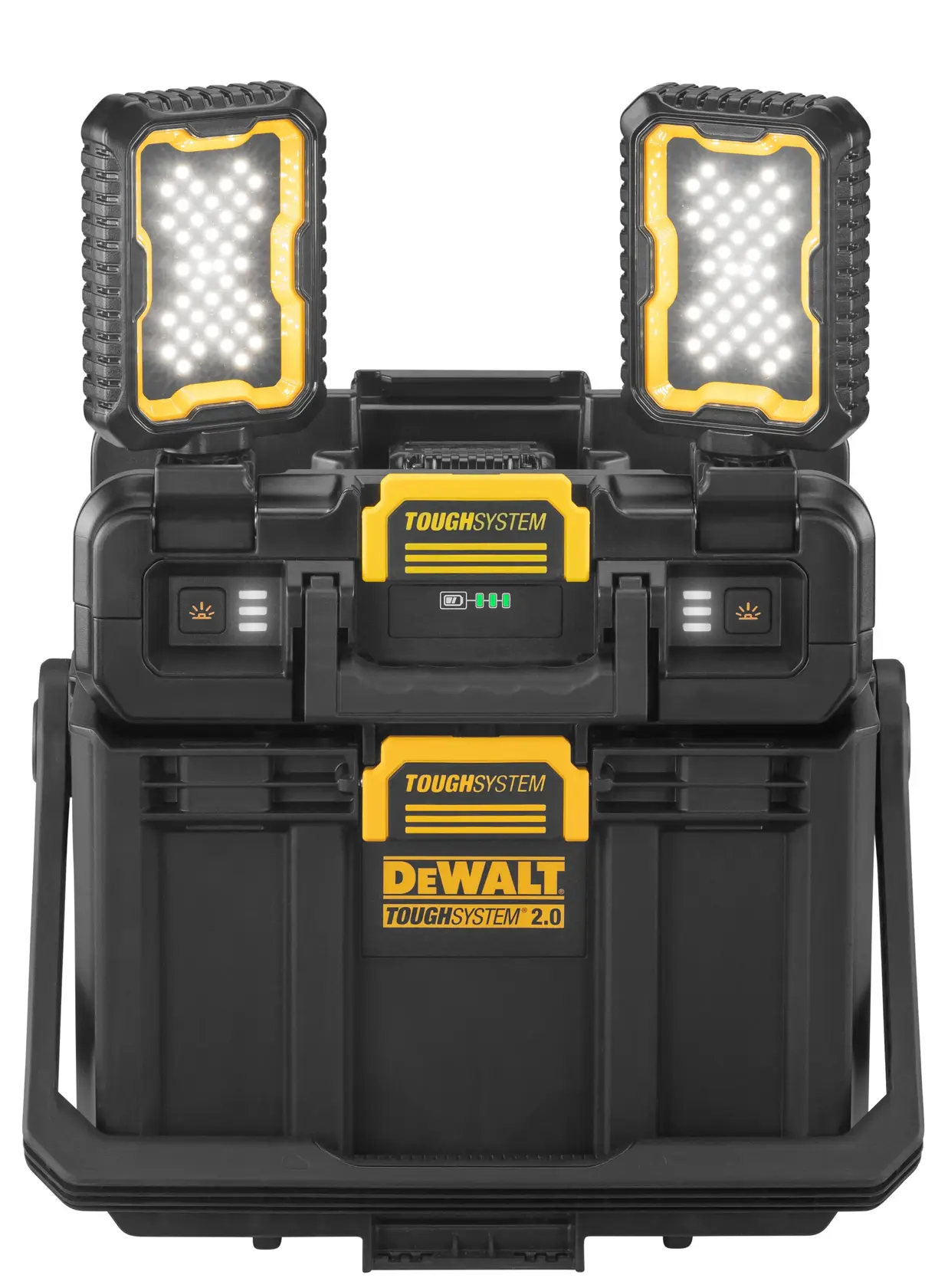 A DEWALT ToughSystem 2.0 portable storage box with two built-in LED work lights on top. The box is black and yellow, designed for durability and heavy-duty use, and features locking mechanisms and handles for easy transport.