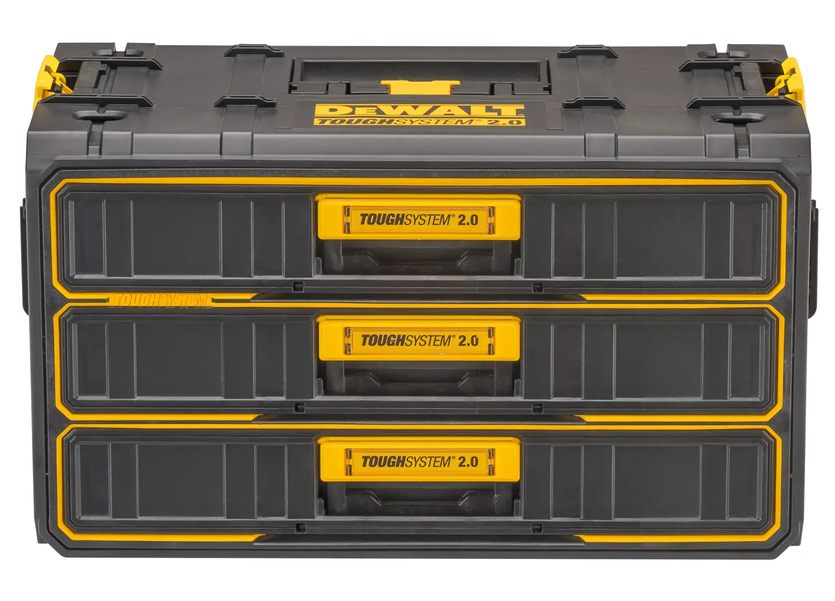 A DEWALT ToughSystem 2.0 storage box with three black and yellow drawers, designed for heavy-duty tool organization.