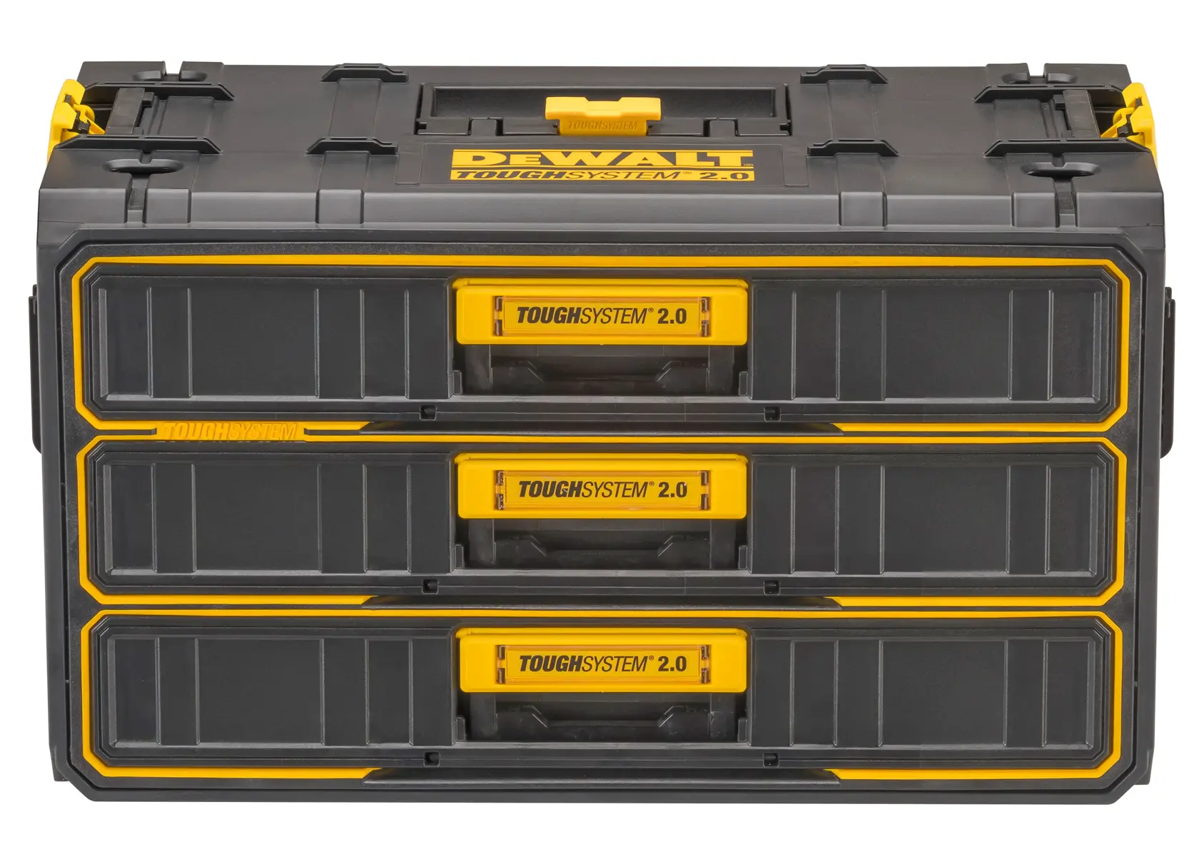 DEWALT ToughSystem 2.0 promotional graphic with the slogan 'Storage Built to Handle It' in large, bold yellow lettering on a dark, textured background.