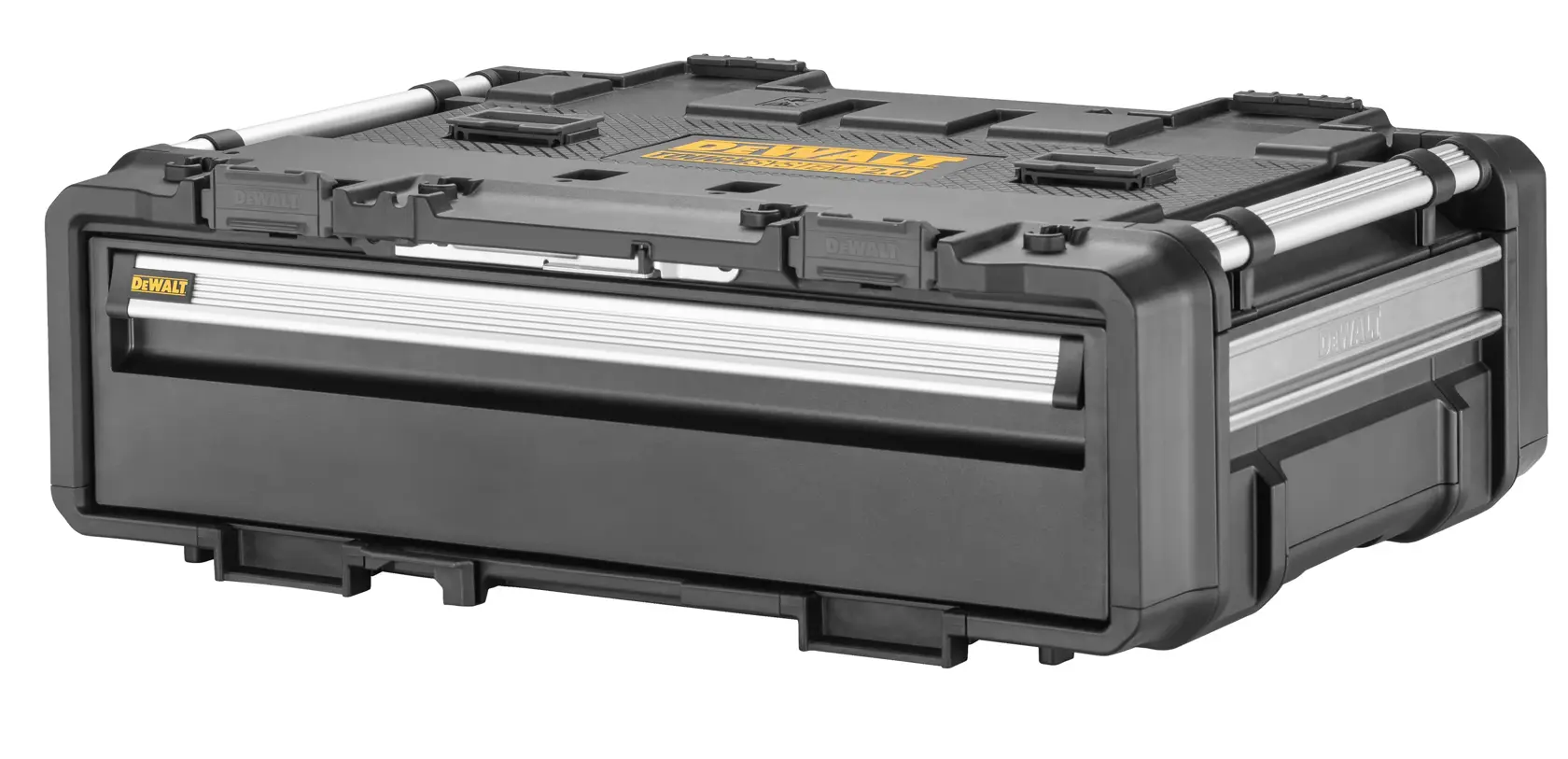 A DEWALT branded black plastic storage box with reinforced corners, metal handles, and a large central drawer. The box features the DEWALT logo on the front and top, and is designed for durable tool or equipment storage.