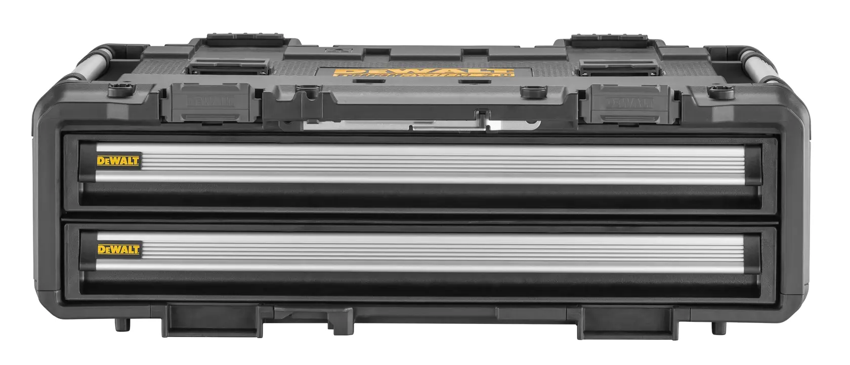 Front view of a DEWALT black and yellow tool storage box with two metal drawers.