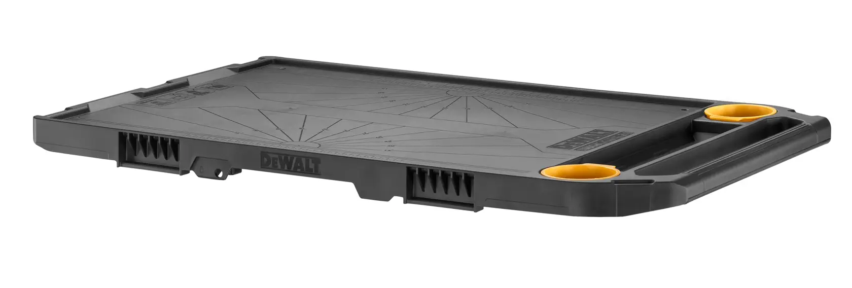 A low-profile black plastic tray with two yellow circular inserts and a handle, designed for use with DEWALT tool storage systems.