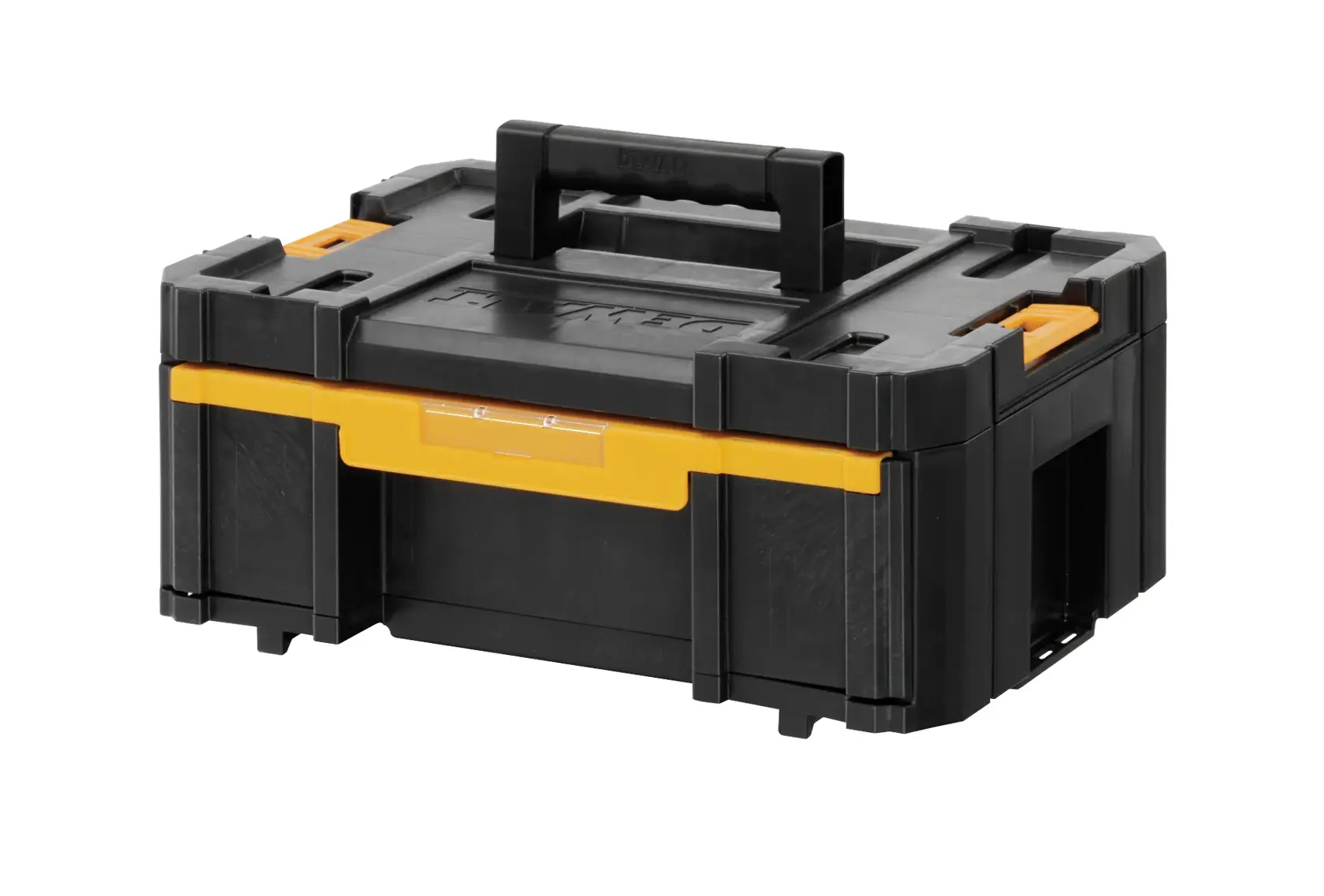 Black and yellow DEWALT tool box with a handle, sturdy design for storage and transport of tools.